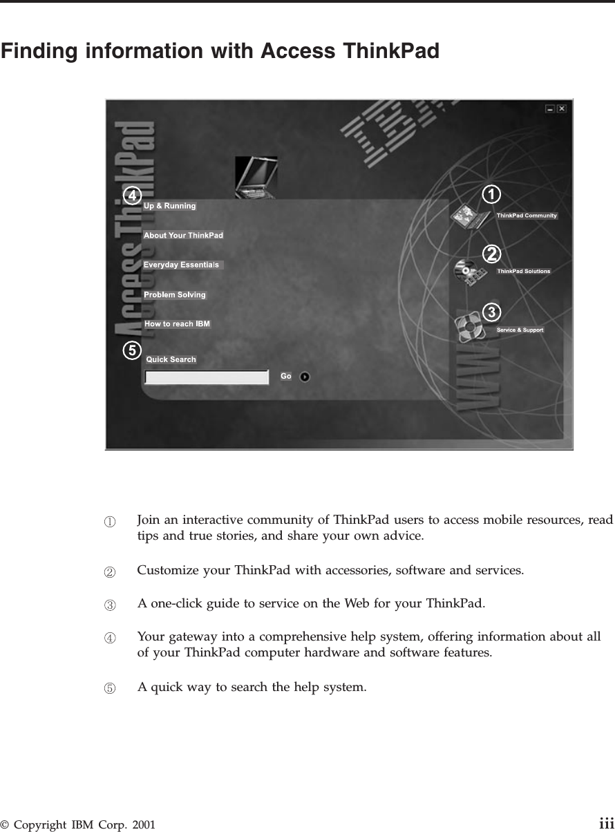 Finding information with Access ThinkPadJoin an interactive community of ThinkPad users to access mobile resources, readtips and true stories, and share your own advice.Customize your ThinkPad with accessories, software and services.A one-click guide to service on the Web for your ThinkPad.Your gateway into a comprehensive help system, offering information about allof your ThinkPad computer hardware and software features.A quick way to search the help system.© Copyright IBM Corp. 2001 iii