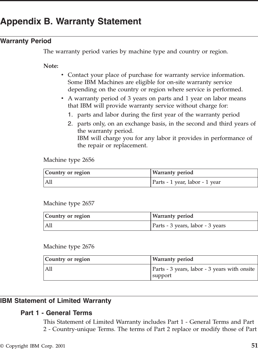 Appendix B. Warranty StatementWarranty PeriodThe warranty period varies by machine type and country or region.Note:vContact your place of purchase for warranty service information.Some IBM Machines are eligible for on-site warranty servicedepending on the country or region where service is performed.vA warranty period of 3 years on parts and 1 year on labor meansthat IBM will provide warranty service without charge for:1. parts and labor during the first year of the warranty period2. parts only, on an exchange basis, in the second and third years ofthe warranty period.IBM will charge you for any labor it provides in performance ofthe repair or replacement.Machine type 2656Country or region Warranty periodAll Parts - 1 year, labor - 1 yearMachine type 2657Country or region Warranty periodAll Parts - 3 years, labor - 3 yearsMachine type 2676Country or region Warranty periodAll Parts - 3 years, labor - 3 years with onsitesupportIBM Statement of Limited WarrantyPart1-General TermsThis Statement of Limited Warranty includes Part 1 - General Terms and Part2 - Country-unique Terms. The terms of Part 2 replace or modify those of Part© Copyright IBM Corp. 2001 51