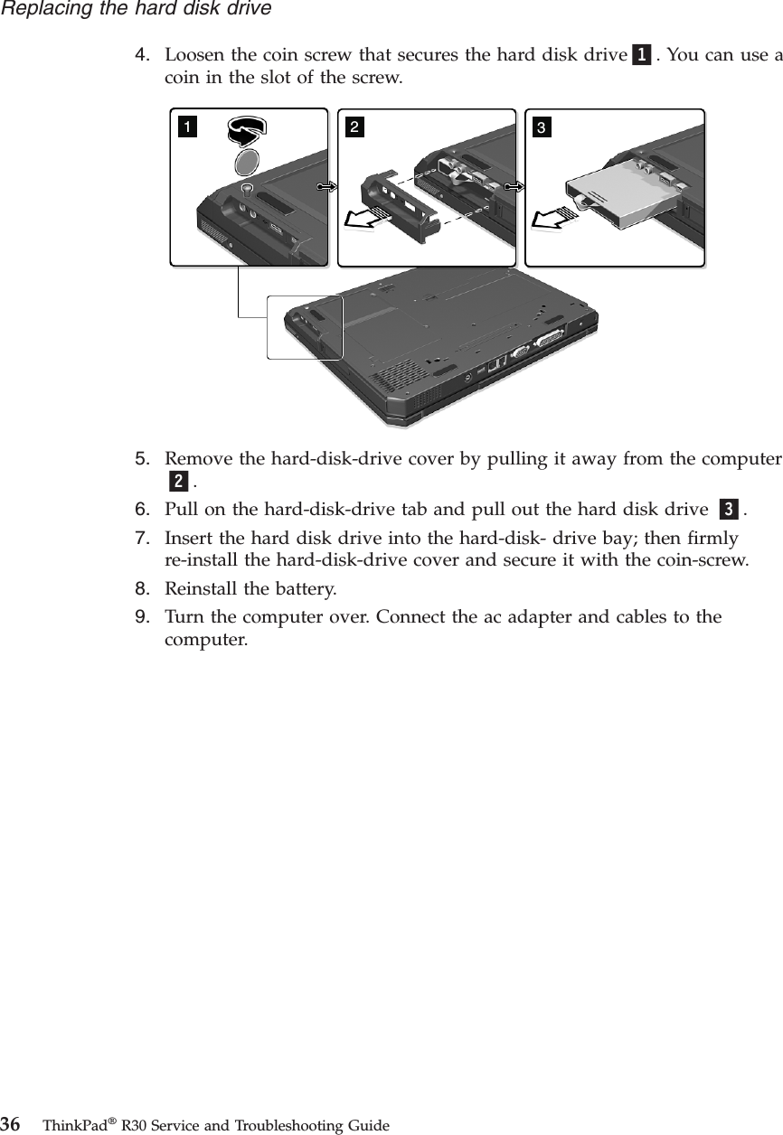 4. Loosen the coin screw that secures the hard disk drive1. You can use acoin in the slot of the screw.1235. Remove the hard-disk-drive cover by pulling it away from the computer2.6. Pull on the hard-disk-drive tab and pull out the hard disk drive 3.7. Insert the hard disk drive into the hard-disk- drive bay; then firmlyre-install the hard-disk-drive cover and secure it with the coin-screw.8. Reinstall the battery.9. Turn the computer over. Connect the ac adapter and cables to thecomputer.Replacing the hard disk drive36 ThinkPad®R30 Service and Troubleshooting Guide