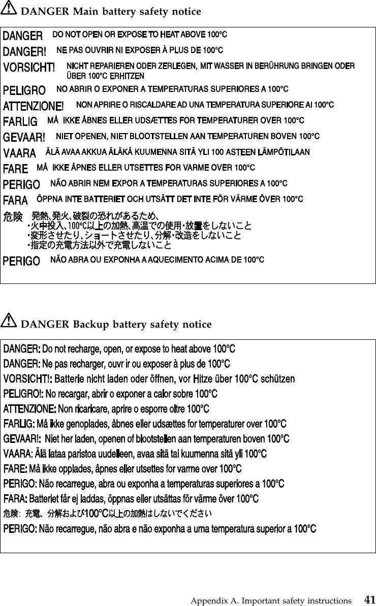DANGER Main battery safety noticeDANGER Backup battery safety noticeAppendix A. Important safety instructions 41