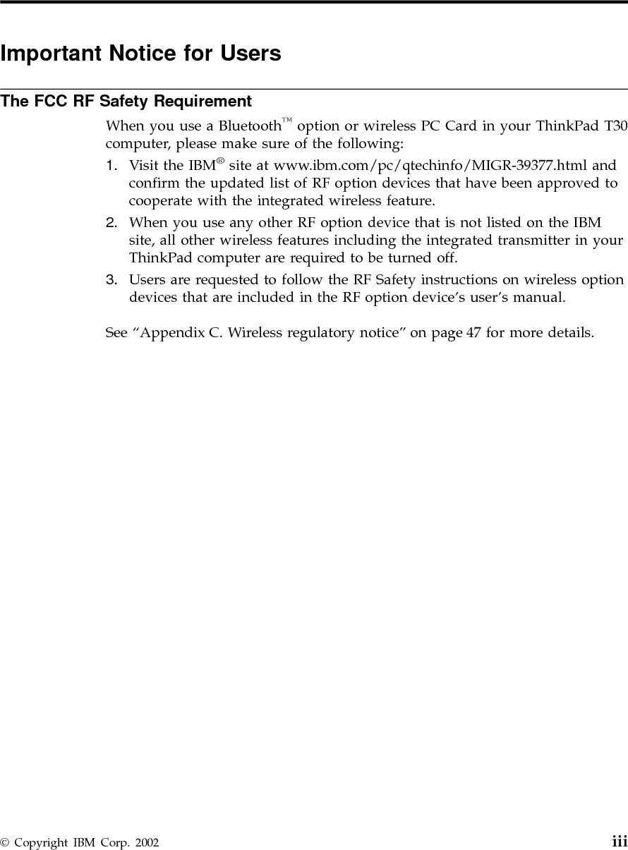 iv ThinkPad®T30 Series Service and Troubleshooting Guide