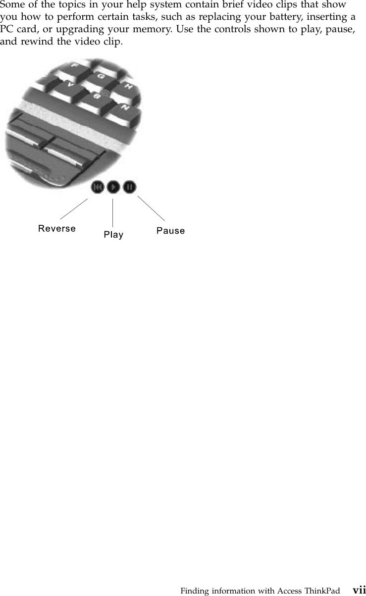 Some of the topics in your help system contain brief video clips that showyou how to perform certain tasks, such as replacing your battery, inserting aPC card, or upgrading your memory. Use the controls shown to play, pause,and rewind the video clip.Finding information with Access ThinkPad vii