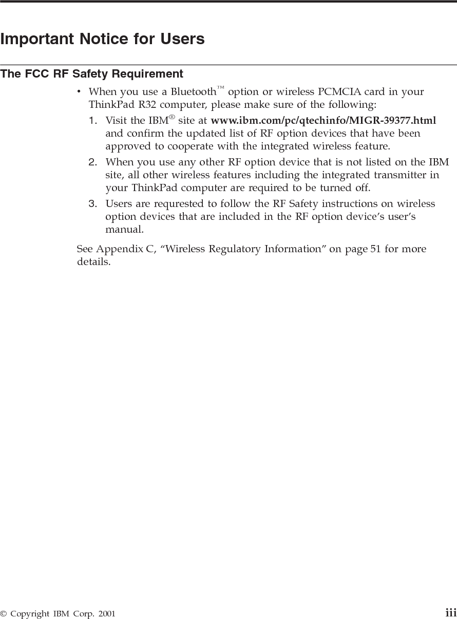 iv ThinkPad®R32 Service and Troubleshooting Guide