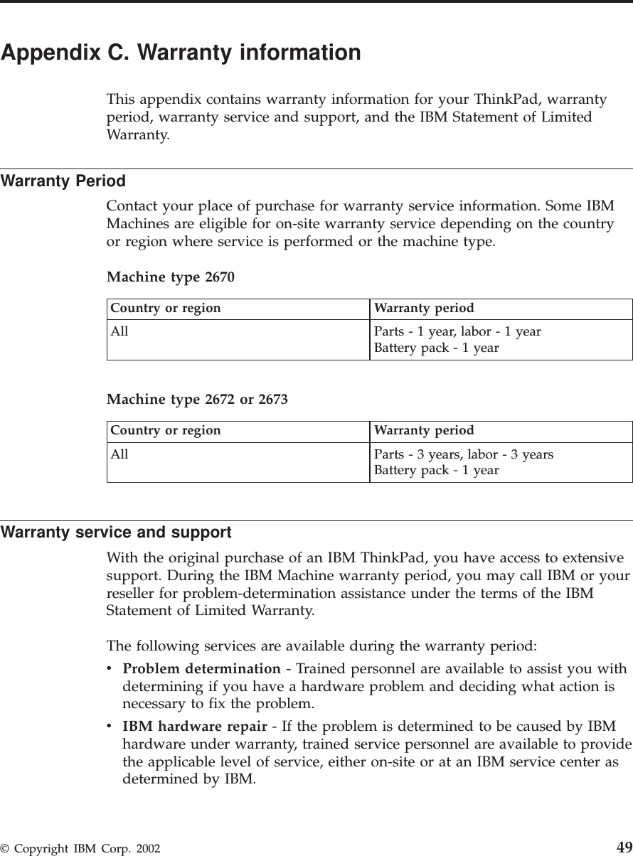 Appendix C. Warranty informationThis appendix contains warranty information for your ThinkPad, warrantyperiod, warranty service and support, and the IBM Statement of LimitedWarranty.Warranty PeriodContact your place of purchase for warranty service information. Some IBMMachines are eligible for on-site warranty service depending on the countryor region where service is performed or the machine type.Machine type 2670Country or region Warranty periodAll Parts - 1 year, labor - 1 yearBattery pack - 1 yearMachine type 2672 or 2673Country or region Warranty periodAll Parts - 3 years, labor - 3 yearsBattery pack - 1 yearWarranty service and supportWith the original purchase of an IBM ThinkPad, you have access to extensivesupport. During the IBM Machine warranty period, you may call IBM or yourreseller for problem-determination assistance under the terms of the IBMStatement of Limited Warranty.The following services are available during the warranty period:vProblem determination - Trained personnel are available to assist you withdetermining if you have a hardware problem and deciding what action isnecessary to fix the problem.vIBM hardware repair - If the problem is determined to be caused by IBMhardware under warranty, trained service personnel are available to providethe applicable level of service, either on-site or at an IBM service center asdetermined by IBM.© Copyright IBM Corp. 2002 49