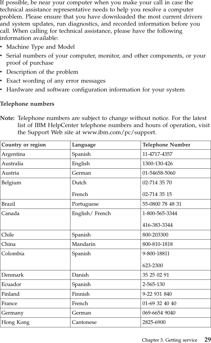 If possible, be near your computer when you make your call in case thetechnical assistance representative needs to help you resolve a computerproblem. Please ensure that you have downloaded the most current driversand system updates, run diagnostics, and recorded information before youcall. When calling for technical assistance, please have the followinginformation available:vMachine Type and ModelvSerial numbers of your computer, monitor, and other components, or yourproof of purchasevDescription of the problemvExact wording of any error messagesvHardware and software configuration information for your systemTelephone numbersNote: Telephone numbers are subject to change without notice. For the latestlist of IBM HelpCenter telephone numbers and hours of operation, visitthe Support Web site at www.ibm.com/pc/support.Country or region Language Telephone NumberArgentina Spanish 11-4717-4357Australia English 1300-130-426Austria German 01-54658-5060Belgium DutchFrench02-714 35 7002-714 35 15Brazil Portuguese 55-0800 78 48 31Canada English/ French 1-800-565-3344416-383-3344Chile Spanish 800-203300China Mandarin 800-810-1818Colombia Spanish 9-800-18811623-2300Denmark Danish 35 25 02 91Ecuador Spanish 2-565-130Finland Finnish 9-22 931 840France French 01-69 32 40 40Germany German 069-6654 9040Hong Kong Cantonese 2825-6900Chapter 3. Getting service 29