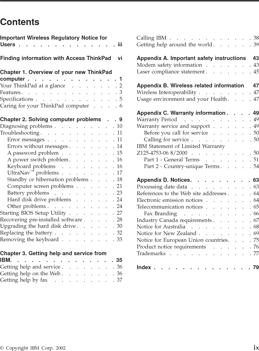 xThinkPad®X30 Series Service and Troubleshooting Guide