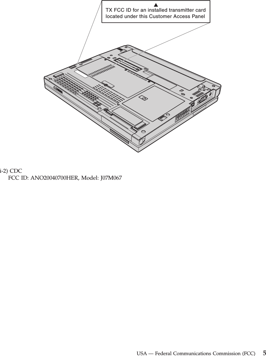 TX FCC ID for an installed transmitter cardlocated under this Customer Access Paneli-2) CDC     FCC ID: ANO20040700HER, Model: J07M067 USA — Federal Communications Commission (FCC) 5
