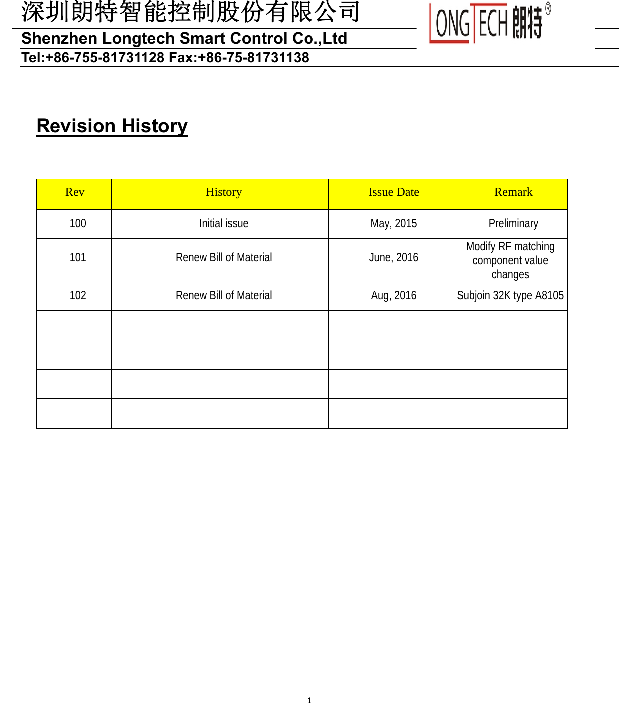 深圳朗特智能控制股份有限公司Shenzhen Longtech Smart Control Co.,Ltd   Tel:+86-755-81731128 Fax:+86-75-81731138 1  Revision History                         Rev  History  Issue Date  Remark 100  Initial issue  May, 2015  Preliminary 101  Renew Bill of Material  June, 2016  Modify RF matching component value changes 102  Renew Bill of Material  Aug, 2016  Subjoin 32K type A8105                             