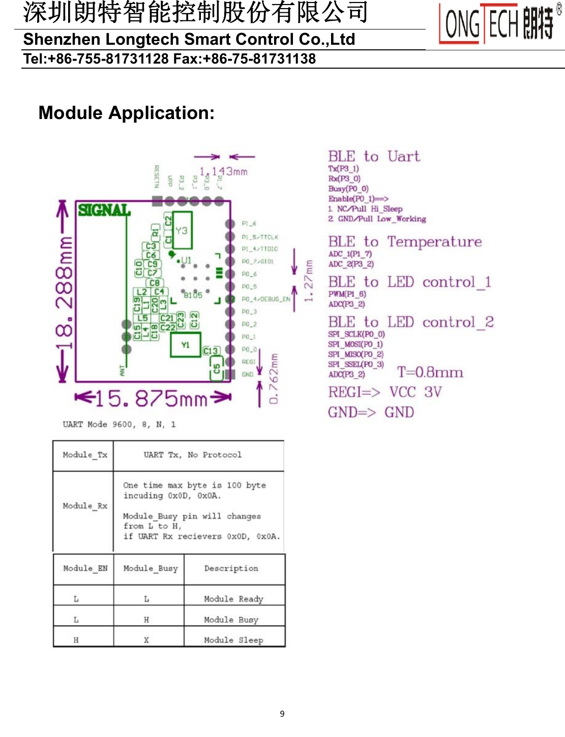 深圳朗特智能控制股份有限公司Shenzhen Longtech Smart Control Co.,Ltd   Tel:+86-755-81731128 Fax:+86-75-81731138 9  Module Application:     