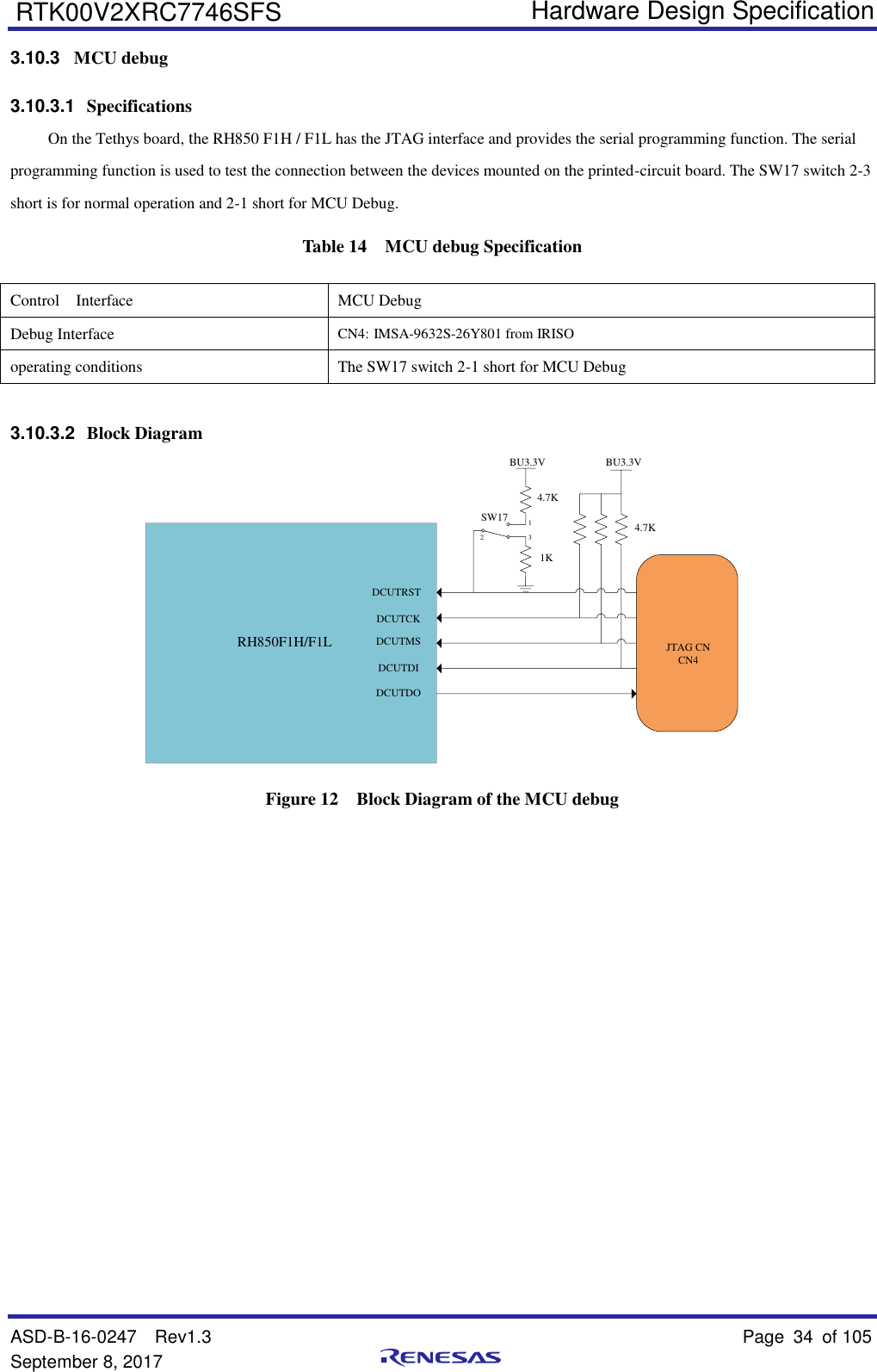   Hardware Design Specification ASD-B-16-0247  Rev1.3    Page 34  of 105 September 8, 2017      RTK00V2XRC7746SFS 3.10.3  MCU debug 3.10.3.1  Specifications On the Tethys board, the RH850 F1H / F1L has the JTAG interface and provides the serial programming function. The serial programming function is used to test the connection between the devices mounted on the printed-circuit board. The SW17 switch 2-3 short is for normal operation and 2-1 short for MCU Debug. Table 14  MCU debug Specification Control  Interface MCU Debug Debug Interface CN4: IMSA-9632S-26Y801 from IRISO operating conditions The SW17 switch 2-1 short for MCU Debug  3.10.3.2  Block Diagram DCUTCKDCUTMS  DCUTRST BU3.3VDCUTDODCUTDI 4.7KRH850F1H/F1L JTAG CNCN4BU3.3V4.7K1KSW17312 Figure 12  Block Diagram of the MCU debug               