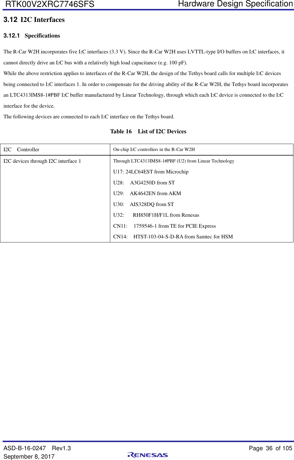   Hardware Design Specification ASD-B-16-0247  Rev1.3    Page 36  of 105 September 8, 2017      RTK00V2XRC7746SFS 3.12 I2C Interfaces 3.12.1  Specifications The R-Car W2H incorporates five I2C interfaces (3.3 V). Since the R-Car W2H uses LVTTL-type I/O buffers on I2C interfaces, it cannot directly drive an I2C bus with a relatively high load capacitance (e.g. 100 pF).   While the above restriction applies to interfaces of the R-Car W2H, the design of the Tethys board calls for multiple I2C devices being connected to I2C interfaces 1. In order to compensate for the driving ability of the R-Car W2H, the Tethys board incorporates an LTC4313IMS8-1#PBF I2C buffer manufactured by Linear Technology, through which each I2C device is connected to the I2C interface for the device. The following devices are connected to each I2C interface on the Tethys board. Table 16    List of I2C Devices I2C    Controller On-chip I2C controllers in the R-Car W2H                  I2C devices through I2C interface 1  Through LTC4313IMS8-1#PBF (U2) from Linear Technology U17: 24LC64EST from Microchip U28:    A3G4250D from ST U29:   AK4642EN from AKM U30:   AIS328DQ from ST U32:    RH850F1H/F1L from Renesas CN11:    1759546-1 from TE for PCIE Express CN14:   HTST-103-04-S-D-RA from Samtec for HSM 