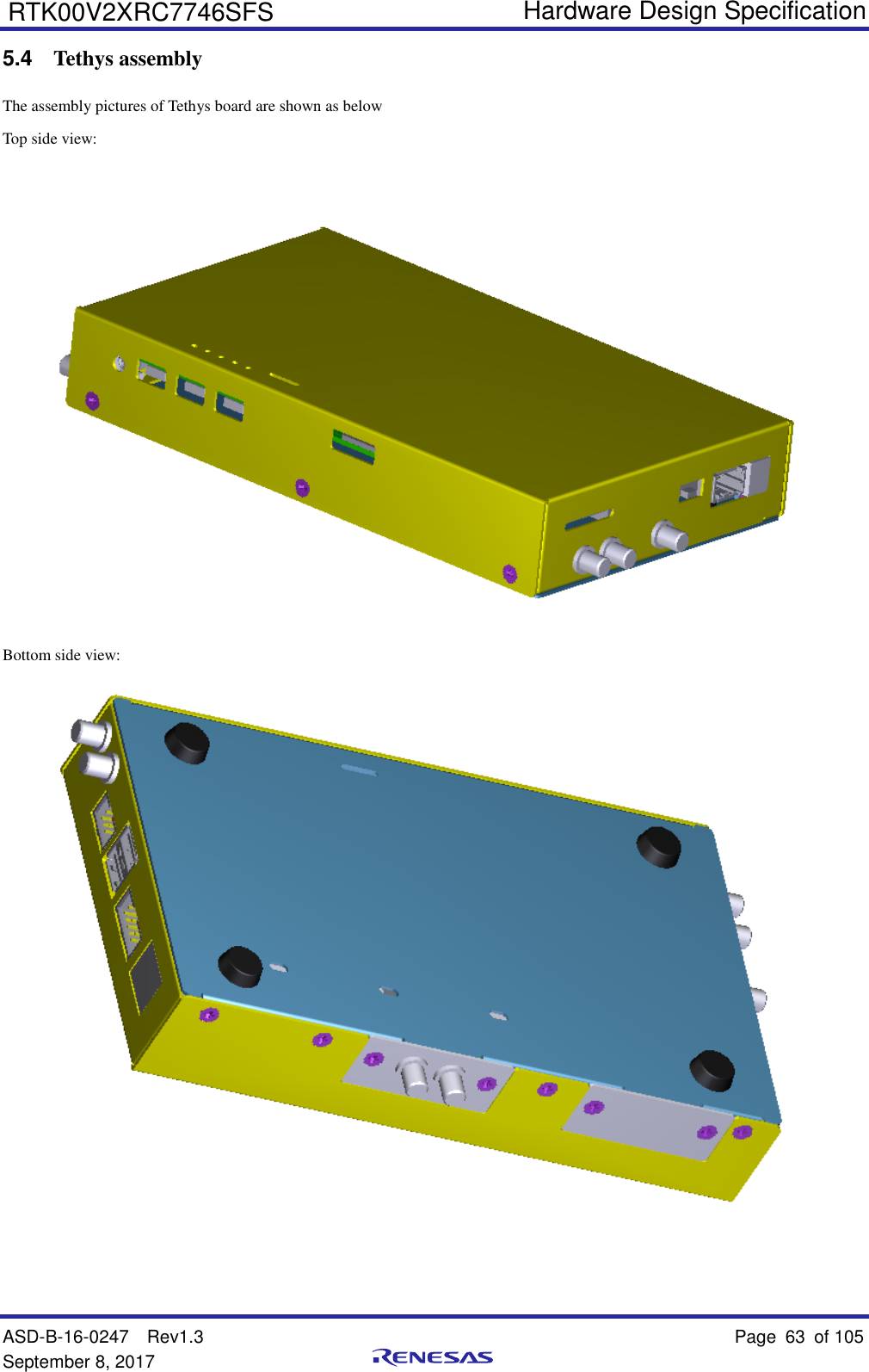   Hardware Design Specification ASD-B-16-0247  Rev1.3    Page 63  of 105 September 8, 2017      RTK00V2XRC7746SFS 5.4  Tethys assembly The assembly pictures of Tethys board are shown as below Top side view:   Bottom side view:    
