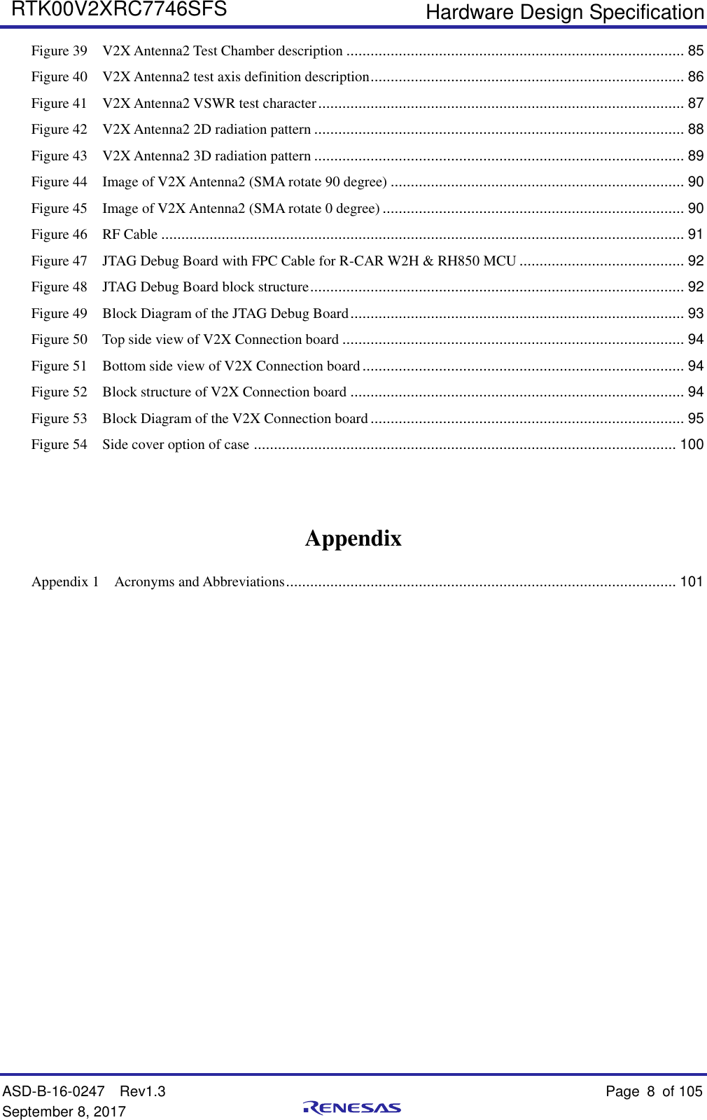   Hardware Design Specification ASD-B-16-0247  Rev1.3    Page 8  of 105 September 8, 2017     RTK00V2XRC7746SFS  Figure 39  V2X Antenna2 Test Chamber description .................................................................................... 85 Figure 40  V2X Antenna2 test axis definition description .............................................................................. 86 Figure 41  V2X Antenna2 VSWR test character ........................................................................................... 87 Figure 42  V2X Antenna2 2D radiation pattern ............................................................................................ 88 Figure 43  V2X Antenna2 3D radiation pattern ............................................................................................ 89 Figure 44  Image of V2X Antenna2 (SMA rotate 90 degree) ......................................................................... 90 Figure 45  Image of V2X Antenna2 (SMA rotate 0 degree) ........................................................................... 90 Figure 46  RF Cable .................................................................................................................................. 91 Figure 47  JTAG Debug Board with FPC Cable for R-CAR W2H &amp; RH850 MCU ......................................... 92 Figure 48  JTAG Debug Board block structure ............................................................................................. 92 Figure 49  Block Diagram of the JTAG Debug Board ................................................................................... 93 Figure 50  Top side view of V2X Connection board ..................................................................................... 94 Figure 51  Bottom side view of V2X Connection board ................................................................................ 94 Figure 52  Block structure of V2X Connection board ................................................................................... 94 Figure 53  Block Diagram of the V2X Connection board .............................................................................. 95 Figure 54  Side cover option of case ......................................................................................................... 100      Appendix  Appendix 1    Acronyms and Abbreviations ................................................................................................. 101                           