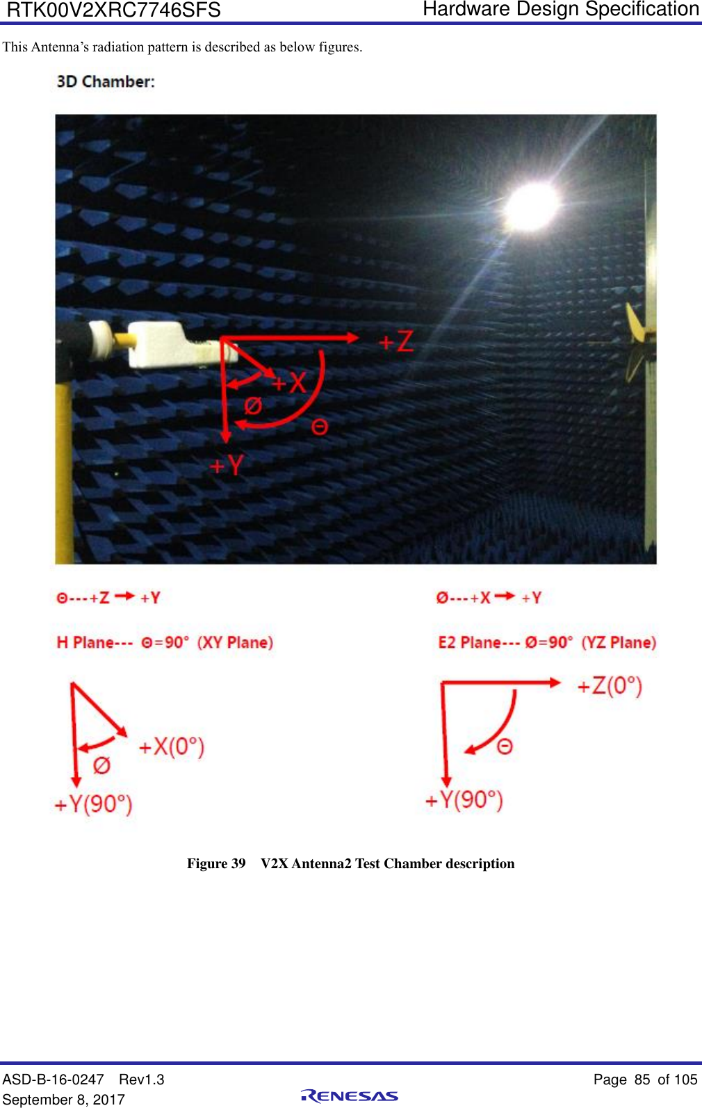   Hardware Design Specification ASD-B-16-0247  Rev1.3    Page 85  of 105 September 8, 2017      RTK00V2XRC7746SFS This Antenna’s radiation pattern is described as below figures.  Figure 39  V2X Antenna2 Test Chamber description       