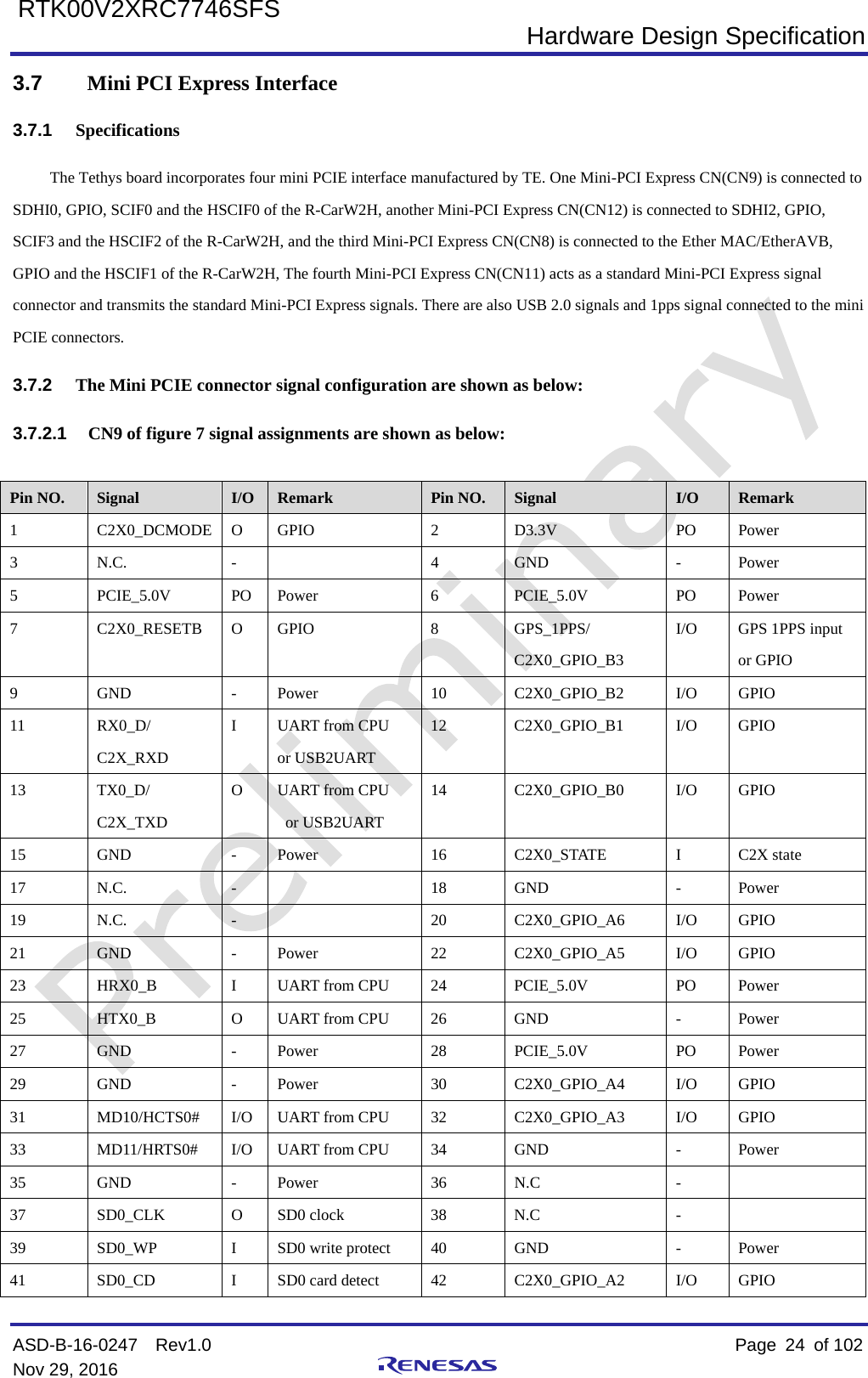  Hardware Design Specification ASD-B-16-0247  Rev1.0    Page  24 of 102 Nov 29, 2016     RTK00V2XRC7746SFS 3.7  Mini PCI Express Interface 3.7.1 Specifications The Tethys board incorporates four mini PCIE interface manufactured by TE. One Mini-PCI Express CN(CN9) is connected to SDHI0, GPIO, SCIF0 and the HSCIF0 of the R-CarW2H, another Mini-PCI Express CN(CN12) is connected to SDHI2, GPIO, SCIF3 and the HSCIF2 of the R-CarW2H, and the third Mini-PCI Express CN(CN8) is connected to the Ether MAC/EtherAVB, GPIO and the HSCIF1 of the R-CarW2H, The fourth Mini-PCI Express CN(CN11) acts as a standard Mini-PCI Express signal connector and transmits the standard Mini-PCI Express signals. There are also USB 2.0 signals and 1pps signal connected to the mini PCIE connectors. 3.7.2 The Mini PCIE connector signal configuration are shown as below: 3.7.2.1 CN9 of figure 7 signal assignments are shown as below:  Pin NO. Signal I/O  Remark  Pin NO. Signal I/O  Remark 1  C2X0_DCMODE  O  GPIO  2  D3.3V  PO Power 3  N.C.  -     4  GND  -  Power 5  PCIE_5.0V  PO Power  6  PCIE_5.0V  PO Power 7  C2X0_RESETB  O  GPIO  8  GPS_1PPS/ C2X0_GPIO_B3 I/O  GPS 1PPS input or GPIO 9  GND  -  Power   10  C2X0_GPIO_B2  I/O  GPIO 11  RX0_D/ C2X_RXD I  UART from CPU   or USB2UART 12  C2X0_GPIO_B1  I/O  GPIO 13  TX0_D/ C2X_TXD O  UART from CPU  or USB2UART 14  C2X0_GPIO_B0  I/O  GPIO 15  GND  -  Power  16  C2X0_STATE  I  C2X state   17  N.C.  -    18  GND  -  Power 19  N.C.  -    20  C2X0_GPIO_A6  I/O  GPIO 21  GND  -  Power  22  C2X0_GPIO_A5  I/O  GPIO 23  HRX0_B  I  UART from CPU  24  PCIE_5.0V  PO Power 25  HTX0_B  O  UART from CPU  26  GND  -  Power 27  GND  -  Power  28  PCIE_5.0V  PO Power 29  GND  -  Power  30  C2X0_GPIO_A4  I/O  GPIO 31  MD10/HCTS0#  I/O UART from CPU  32  C2X0_GPIO_A3  I/O  GPIO 33  MD11/HRTS0#  I/O  UART from CPU  34  GND  -  Power 35  GND  -  Power  36  N.C  -   37  SD0_CLK  O  SD0 clock  38  N.C  -   39  SD0_WP  I  SD0 write protect  40  GND  -  Power 41  SD0_CD  I  SD0 card detect  42  C2X0_GPIO_A2  I/O  GPIO 