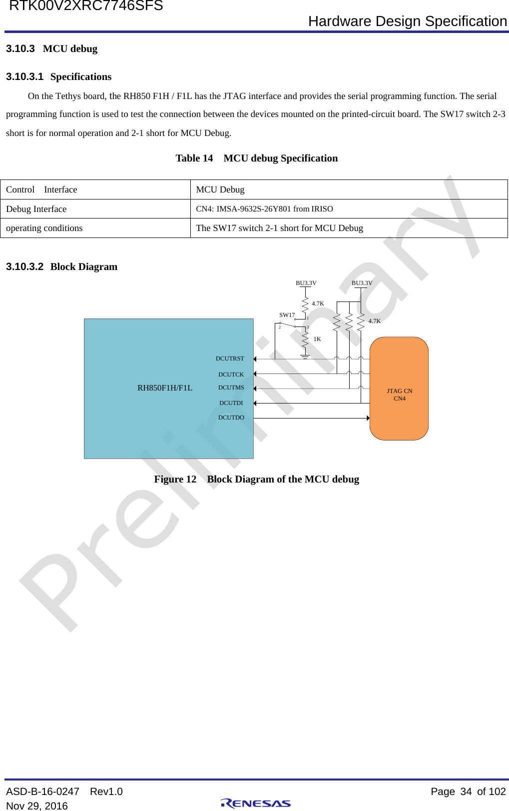  Hardware Design Specification ASD-B-16-0247  Rev1.0    Page  34 of 102 Nov 29, 2016     RTK00V2XRC7746SFS 3.10.3 MCU debug 3.10.3.1 Specifications On the Tethys board, the RH850 F1H / F1L has the JTAG interface and provides the serial programming function. The serial programming function is used to test the connection between the devices mounted on the printed-circuit board. The SW17 switch 2-3 short is for normal operation and 2-1 short for MCU Debug. Table 14  MCU debug Specification Control  Interface  MCU Debug Debug Interface CN4: IMSA-9632S-26Y801 from IRISO operating conditions The SW17 switch 2-1 short for MCU Debug  3.10.3.2 Block Diagram DCUTCKDCUTMS  DCUTRST BU3.3VDCUTDODCUTDI 4.7KRH850F1H/F1L JTAG CNCN4BU3.3V4.7K1KSW17312 Figure 12  Block Diagram of the MCU debug               