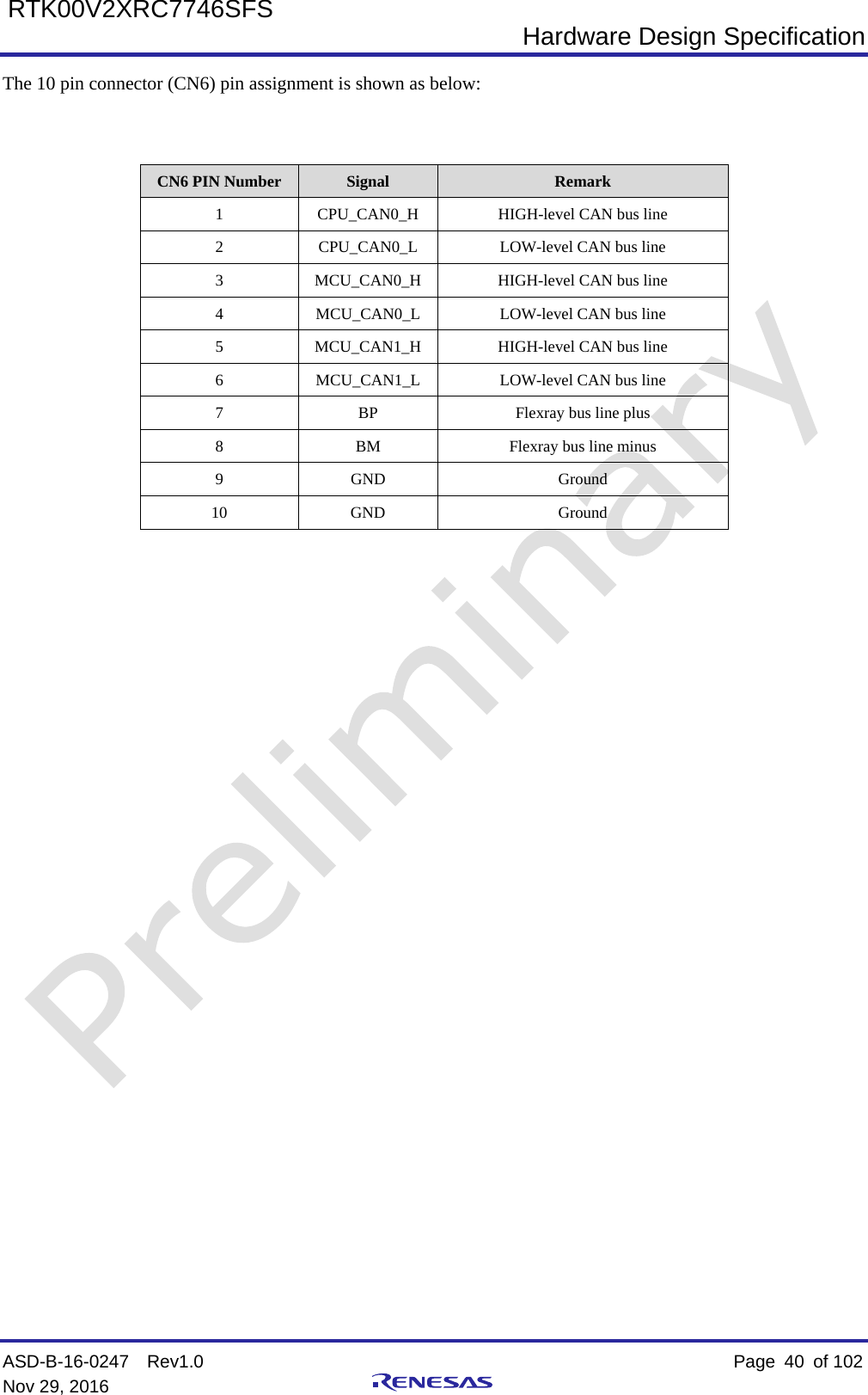  Hardware Design Specification ASD-B-16-0247  Rev1.0    Page  40 of 102 Nov 29, 2016     RTK00V2XRC7746SFS The 10 pin connector (CN6) pin assignment is shown as below:   CN6 PIN Number Signal  Remark 1  CPU_CAN0_H  HIGH-level CAN bus line 2  CPU_CAN0_L  LOW-level CAN bus line   3  MCU_CAN0_H HIGH-level CAN bus line 4  MCU_CAN0_L  LOW-level CAN bus line 5  MCU_CAN1_H HIGH-level CAN bus line 6  MCU_CAN1_L  LOW-level CAN bus line 7  BP  Flexray bus line plus   8  BM  Flexray bus line minus 9  GND  Ground 10  GND  Ground                        