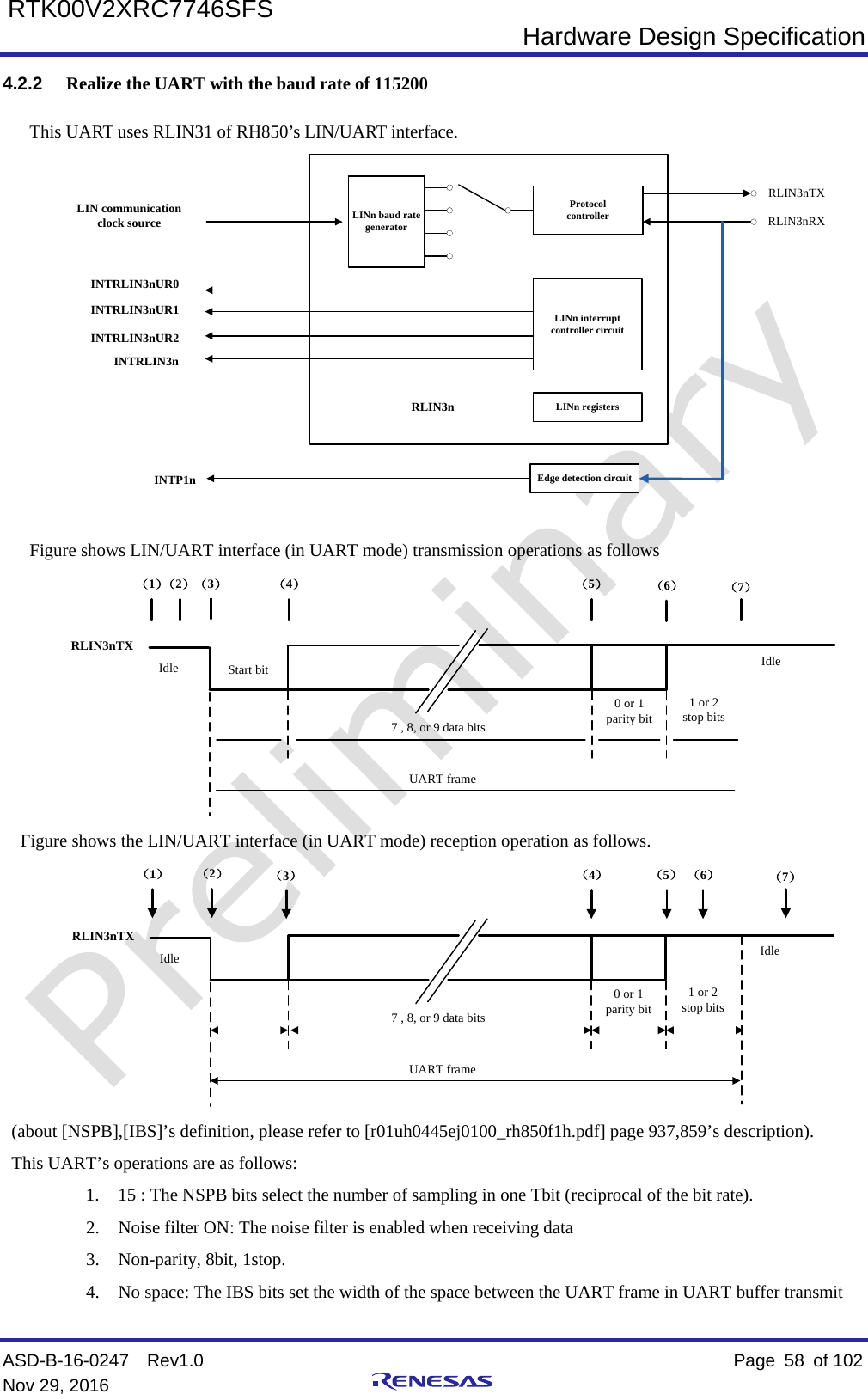  Hardware Design Specification ASD-B-16-0247  Rev1.0    Page  58 of 102 Nov 29, 2016     RTK00V2XRC7746SFS 4.2.2 Realize the UART with the baud rate of 115200 This UART uses RLIN31 of RH850’s LIN/UART interface. Edge detection circuitRLIN3nTXRLIN3nRXLINn registersLINn interruptcontroller circuitLINn baud rate generatorProtocol controllerLIN communication clock sourceINTRLIN3nUR0INTRLIN3nUR1INTRLIN3nUR2INTRLIN3nINTP1nRLIN3n  Figure shows LIN/UART interface (in UART mode) transmission operations as follows Start bit（1）（2）（3） （4） （5）（6）（7）Idle Idle7 , 8, or 9 data bits0 or 1 parity bit1 or 2 stop bitsUART frameRLIN3nTX   Figure shows the LIN/UART interface (in UART mode) reception operation as follows. （1）（2）（3）（4） （5）（6）（7）Idle Idle7 , 8, or 9 data bits0 or 1 parity bit1 or 2 stop bitsUART frameRLIN3nTX (about [NSPB],[IBS]’s definition, please refer to [r01uh0445ej0100_rh850f1h.pdf] page 937,859’s description). This UART’s operations are as follows: 1. 15 : The NSPB bits select the number of sampling in one Tbit (reciprocal of the bit rate). 2. Noise filter ON: The noise filter is enabled when receiving data 3. Non-parity, 8bit, 1stop. 4. No space: The IBS bits set the width of the space between the UART frame in UART buffer transmit 