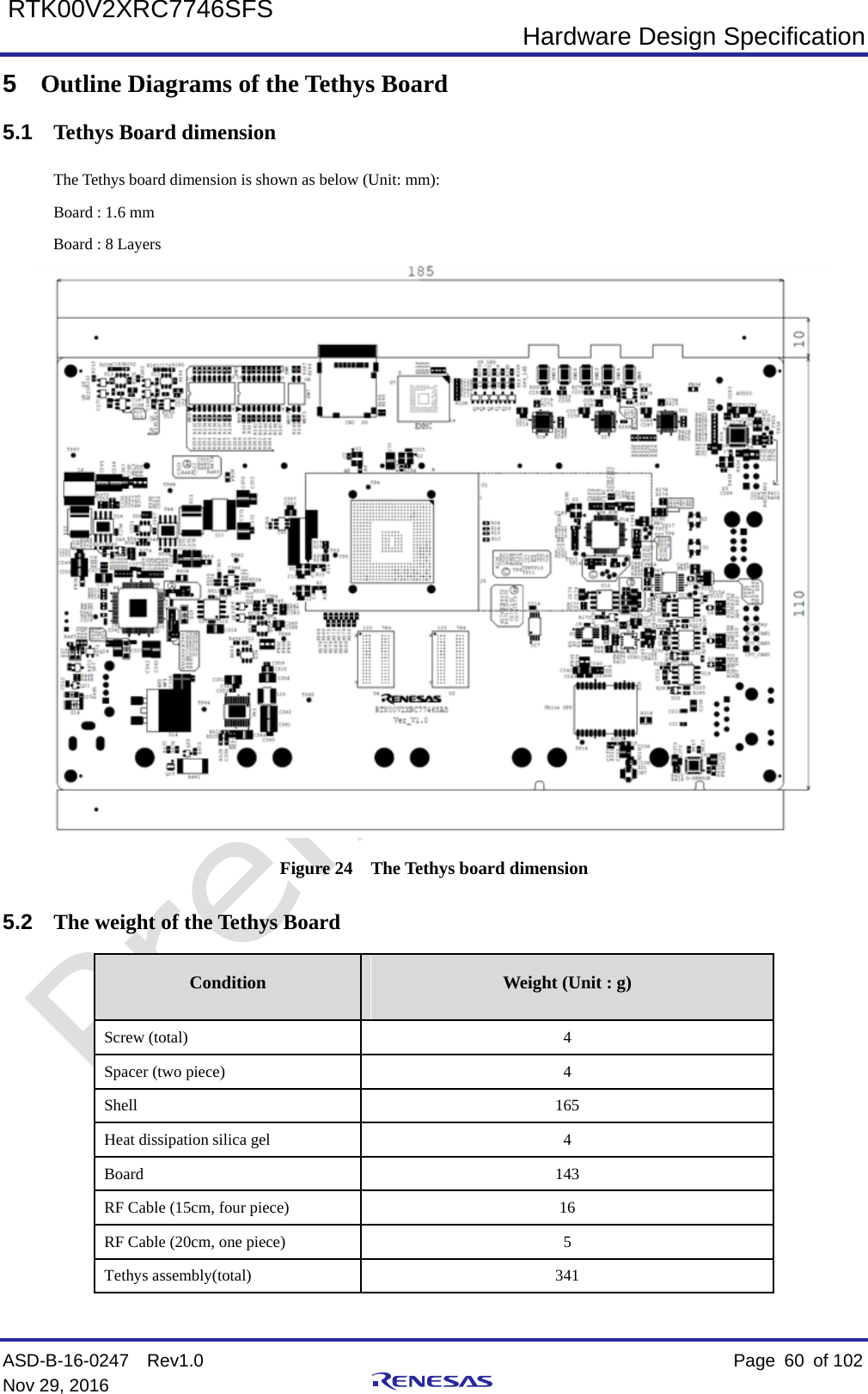  Hardware Design Specification ASD-B-16-0247  Rev1.0    Page  60 of 102 Nov 29, 2016     RTK00V2XRC7746SFS 5  Outline Diagrams of the Tethys Board 5.1 Tethys Board dimension The Tethys board dimension is shown as below (Unit: mm):   Board : 1.6 mm Board : 8 Layers  Figure 24  The Tethys board dimension 5.2 The weight of the Tethys Board   Condition Weight (Unit : g) Screw (total) 4 Spacer (two piece)  4 Shell  165 Heat dissipation silica gel  4 Board  143 RF Cable (15cm, four piece)  16 RF Cable (20cm, one piece)  5 Tethys assembly(total)  341  