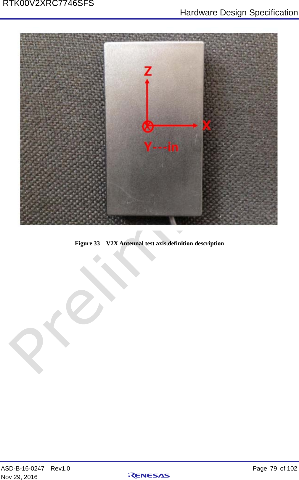  Hardware Design Specification ASD-B-16-0247  Rev1.0    Page  79 of 102 Nov 29, 2016     RTK00V2XRC7746SFS  Figure 33  V2X Antennal test axis definition description 