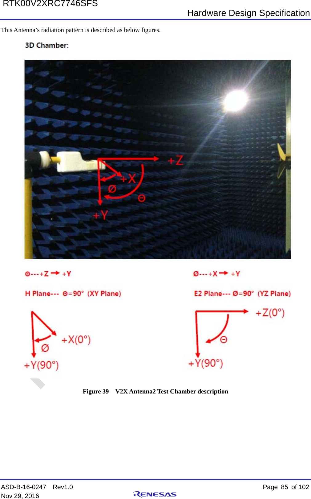  Hardware Design Specification ASD-B-16-0247  Rev1.0    Page  85 of 102 Nov 29, 2016     RTK00V2XRC7746SFS This Antenna’s radiation pattern is described as below figures.  Figure 39  V2X Antenna2 Test Chamber description       