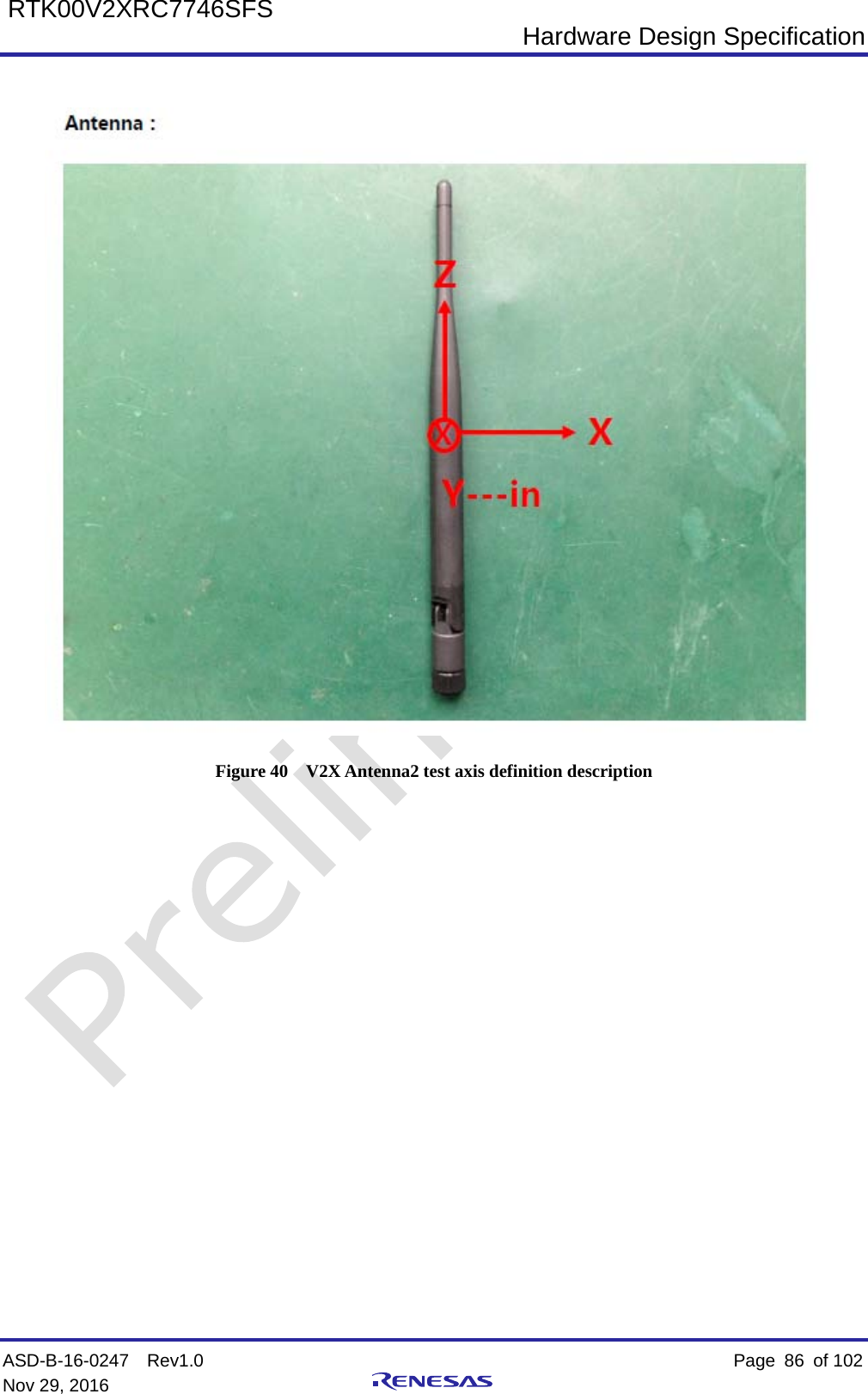  Hardware Design Specification ASD-B-16-0247  Rev1.0    Page  86 of 102 Nov 29, 2016     RTK00V2XRC7746SFS   Figure 40  V2X Antenna2 test axis definition description 