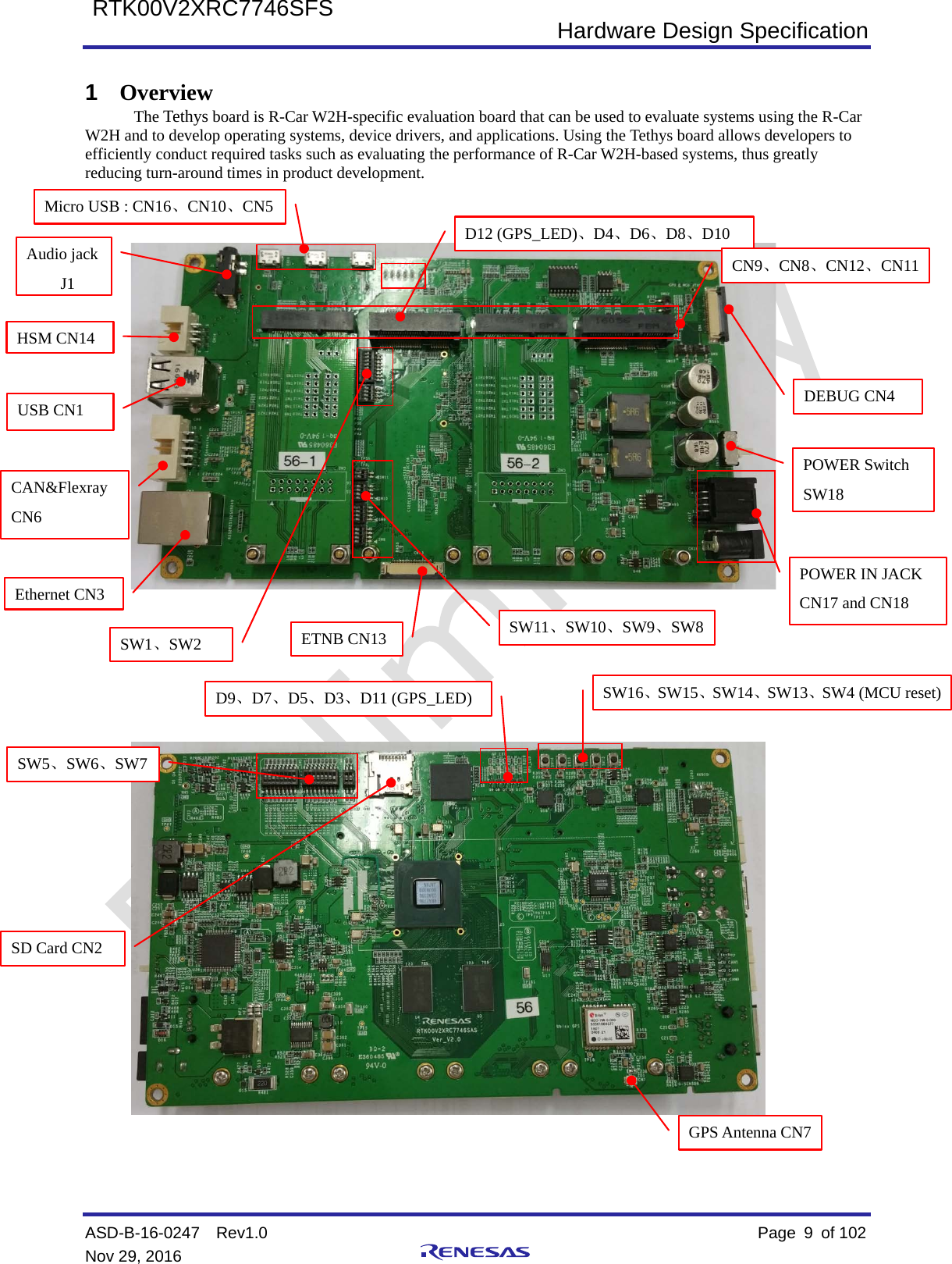  Hardware Design Specification ASD-B-16-0247  Rev1.0    Page  9  of 102 Nov 29, 2016     RTK00V2XRC7746SFS   1  Overview   The Tethys board is R-Car W2H-specific evaluation board that can be used to evaluate systems using the R-Car W2H and to develop operating systems, device drivers, and applications. Using the Tethys board allows developers to efficiently conduct required tasks such as evaluating the performance of R-Car W2H-based systems, thus greatly reducing turn-around times in product development.          SD Card CN2 GPS Antenna CN7 HSM CN14 CAN&amp;Flexray CN6 Ethernet CN3 Audio jack   J1 USB CN1  DEBUG CN4 POWER Switch SW18 POWER IN JACK CN17 and CN18   Micro USB : CN16、CN10、CN5 ETNB CN13 D12 (GPS_LED)、D4、D6、D8、D10   CN9、CN8、CN12、CN11   SW1、SW2  SW11、SW10、SW9、SW8 SW16、SW15、SW14、SW13、SW4 (MCU reset)   D9、D7、D5、D3、D11 (GPS_LED)   SW5、SW6、SW7 