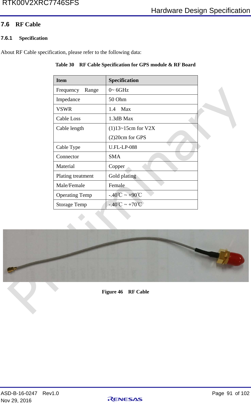  Hardware Design Specification ASD-B-16-0247  Rev1.0    Page  91 of 102 Nov 29, 2016     RTK00V2XRC7746SFS 7.6 RF Cable 7.6.1 Specification About RF Cable specification, please refer to the following data: Table 30  RF Cable Specification for GPS module &amp; RF Board Item Specification Frequency Range  0~ 6GHz Impedance 50 Ohm VSWR 1.4   Max Cable Loss 1.3dB Max Cable length (1)13~15cm for V2X (2)20cm for GPS Cable Type U.FL-LP-088 Connector SMA   Material Copper Plating treatment  Gold plating Male/Female Female Operating Temp -.40℃ ~ +90℃ Storage Temp -.40℃ ~ +70℃    Figure 46  RF Cable         