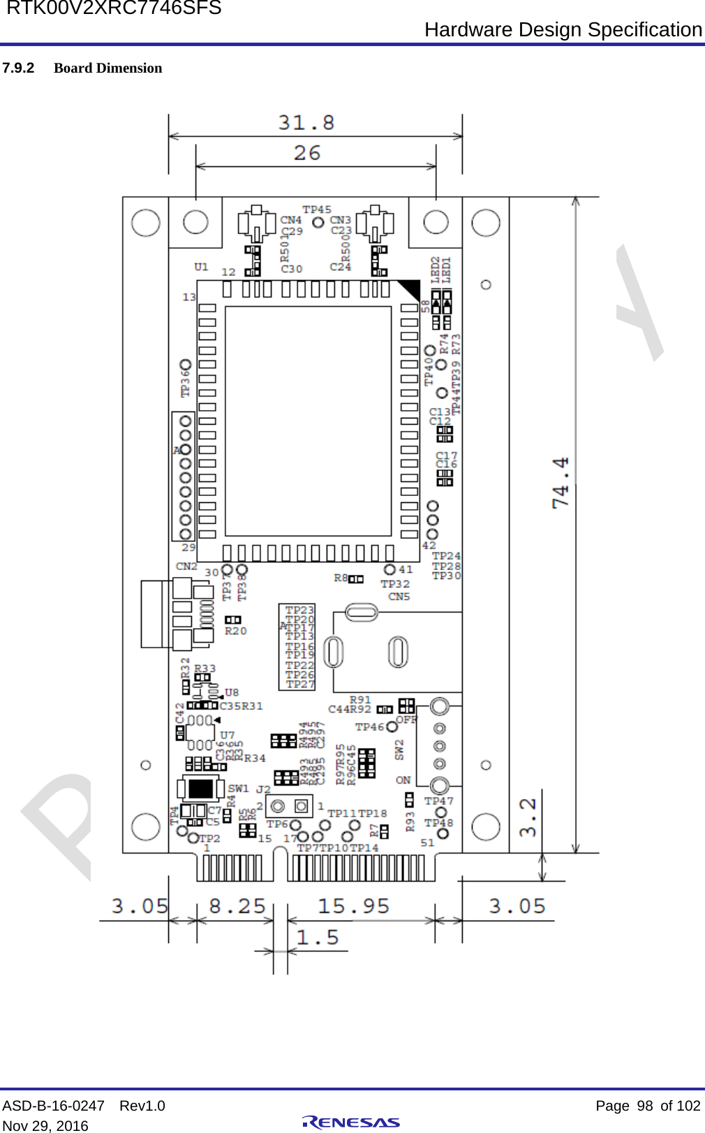  Hardware Design Specification ASD-B-16-0247  Rev1.0    Page  98 of 102 Nov 29, 2016     RTK00V2XRC7746SFS 7.9.2 Board Dimension  