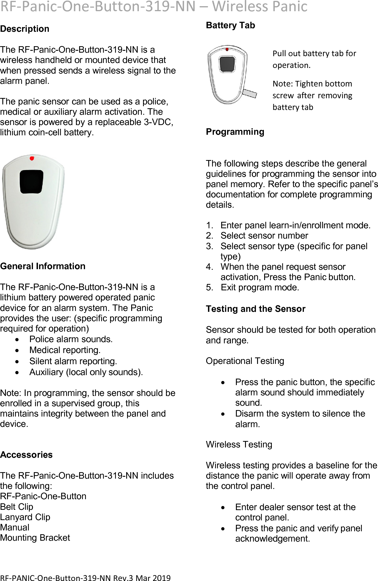 C H Systems RF-PANIC-319 RF-PANIC-ONE-BUTTON-319, ELK-319PB1, RF-PANIC ...