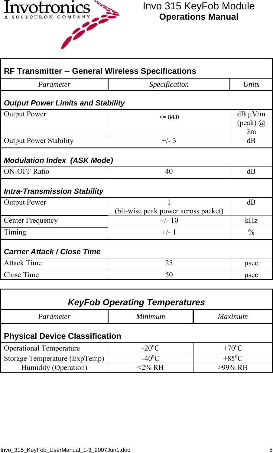  Invo 315 KeyFob Module Operations Manual  Invo_315_KeyFob_UserManual_1-3_2007Jun1.doc       5RF Transmitter -- General Wireless Specifications Parameter Specification Units Output Power Limits and Stability Output Power  &lt;= 84.0  dB μV/m (peak) @ 3m Output Power Stability  +/- 3  dB Modulation Index  (ASK Mode) ON-OFF Ratio  40  dB Intra-Transmission Stability Output Power  1 (bit-wise peak power across packet) dB Center Frequency  +/- 10  kHz Timing +/- 1 % Carrier Attack / Close Time  Attack Time  25  μsec Close Time  50  μsec  KeyFob Operating Temperatures Parameter Minimum Maximum Physical Device Classification Operational Temperature  -20oC +70oC Storage Temperature (ExpTemp)  -40oC +85oC Humidity (Operation)  &lt;2% RH  &gt;99% RH  