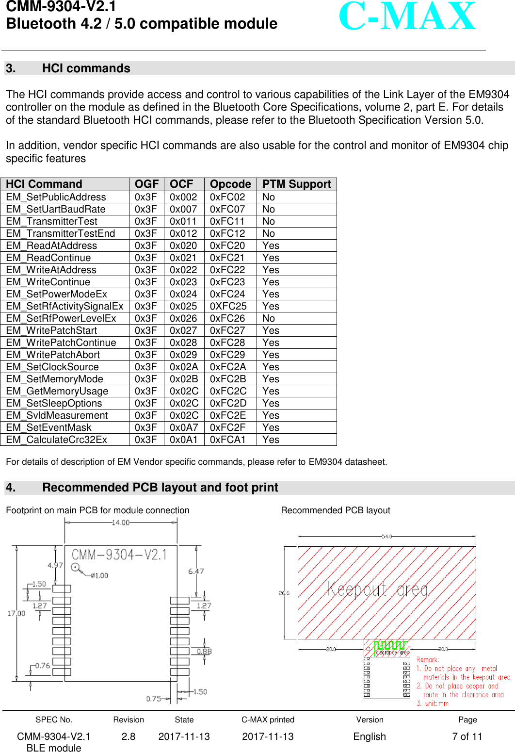  CMM-9304-V2.1 Bluetooth 4.2 / 5.0 compatible module       SPEC No. CMM-9304-V2.1         BLE module Revision 2.8 State 2017-11-13 C-MAX printed   2017-11-13 Version English Page 7 of 11  C-MAX 3.    HCI commands  The HCI commands provide access and control to various capabilities of the Link Layer of the EM9304 controller on the module as defined in the Bluetooth Core Specifications, volume 2, part E. For details of the standard Bluetooth HCI commands, please refer to the Bluetooth Specification Version 5.0.  In addition, vendor specific HCI commands are also usable for the control and monitor of EM9304 chip specific features    HCI Command OGF OCF Opcode PTM Support EM_SetPublicAddress 0x3F 0x002 0xFC02 No EM_SetUartBaudRate 0x3F 0x007 0xFC07 No EM_TransmitterTest 0x3F 0x011 0xFC11 No EM_TransmitterTestEnd 0x3F 0x012 0xFC12 No EM_ReadAtAddress 0x3F 0x020 0xFC20 Yes EM_ReadContinue 0x3F 0x021 0xFC21 Yes EM_WriteAtAddress 0x3F 0x022 0xFC22 Yes EM_WriteContinue 0x3F 0x023 0xFC23 Yes EM_SetPowerModeEx 0x3F 0x024 0xFC24 Yes EM_SetRfActivitySignalEx 0x3F 0x025 0XFC25 Yes EM_SetRfPowerLevelEx 0x3F 0x026 0xFC26 No EM_WritePatchStart 0x3F 0x027 0xFC27 Yes EM_WritePatchContinue 0x3F 0x028 0xFC28 Yes EM_WritePatchAbort 0x3F 0x029 0xFC29 Yes EM_SetClockSource 0x3F 0x02A 0xFC2A Yes EM_SetMemoryMode 0x3F 0x02B 0xFC2B Yes EM_GetMemoryUsage 0x3F 0x02C 0xFC2C Yes EM_SetSleepOptions 0x3F 0x02C 0xFC2D Yes EM_SvldMeasurement 0x3F 0x02C 0xFC2E Yes EM_SetEventMask 0x3F 0x0A7 0xFC2F Yes EM_CalculateCrc32Ex 0x3F 0x0A1 0xFCA1 Yes  For details of description of EM Vendor specific commands, please refer to EM9304 datasheet.  4.    Recommended PCB layout and foot print  Footprint on main PCB for module connection                                        Recommended PCB layout                                                                                                      