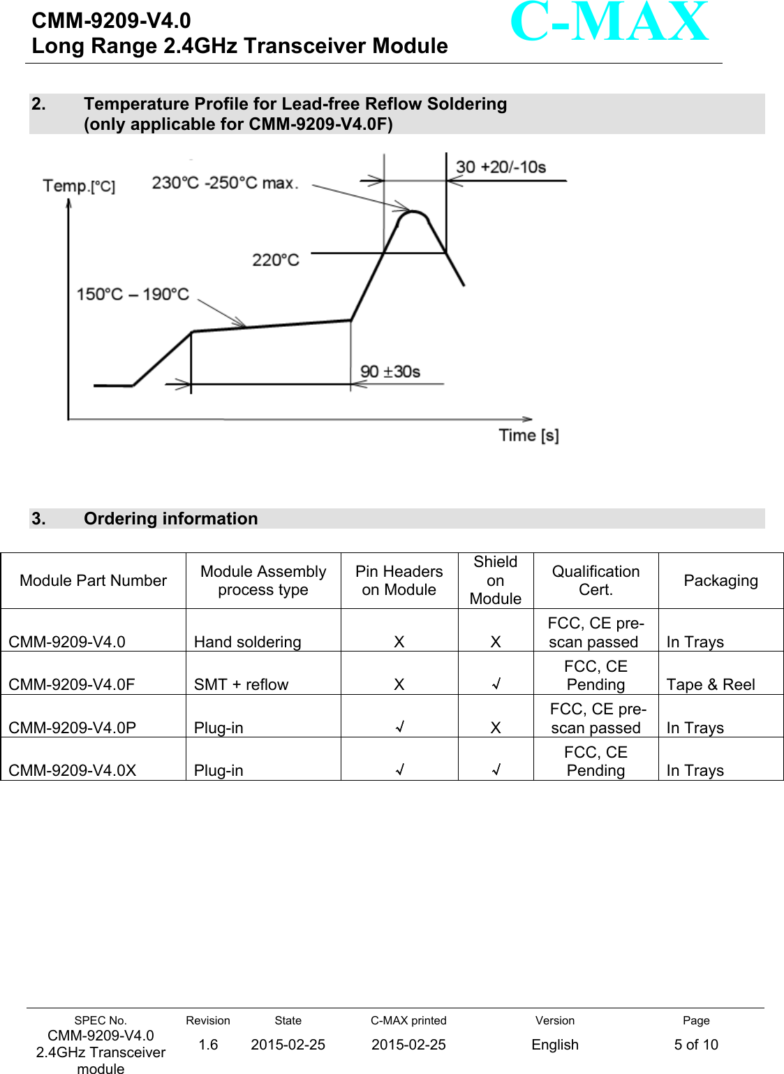   CMM-9209-V4.0 Long Range 2.4GHz Transceiver Module                                                                                                                 SPEC No. CMM-9209-V4.0 2.4GHz Transceiver module Revision 1.6 State 2015-02-25C-MAX printed  2015-02-25 Version English Page 5 of 10  C-MAX  2.   Temperature Profile for Lead-free Reflow Soldering  (only applicable for CMM-9209-V4.0F)      3.   Ordering information  Module Part Number  Module Assembly process type Pin Headers on Module Shield on ModuleQualification Cert.  Packaging CMM-9209-V4.0  Hand soldering  X  X FCC, CE pre-scan passed   In Trays CMM-9209-V4.0F  SMT + reflow  X √ FCC, CE Pending  Tape &amp; Reel CMM-9209-V4.0P  Plug-in  √X  FCC, CE pre-scan passed  In Trays CMM-9209-V4.0X  Plug-in  √√FCC, CE Pending  In Trays          