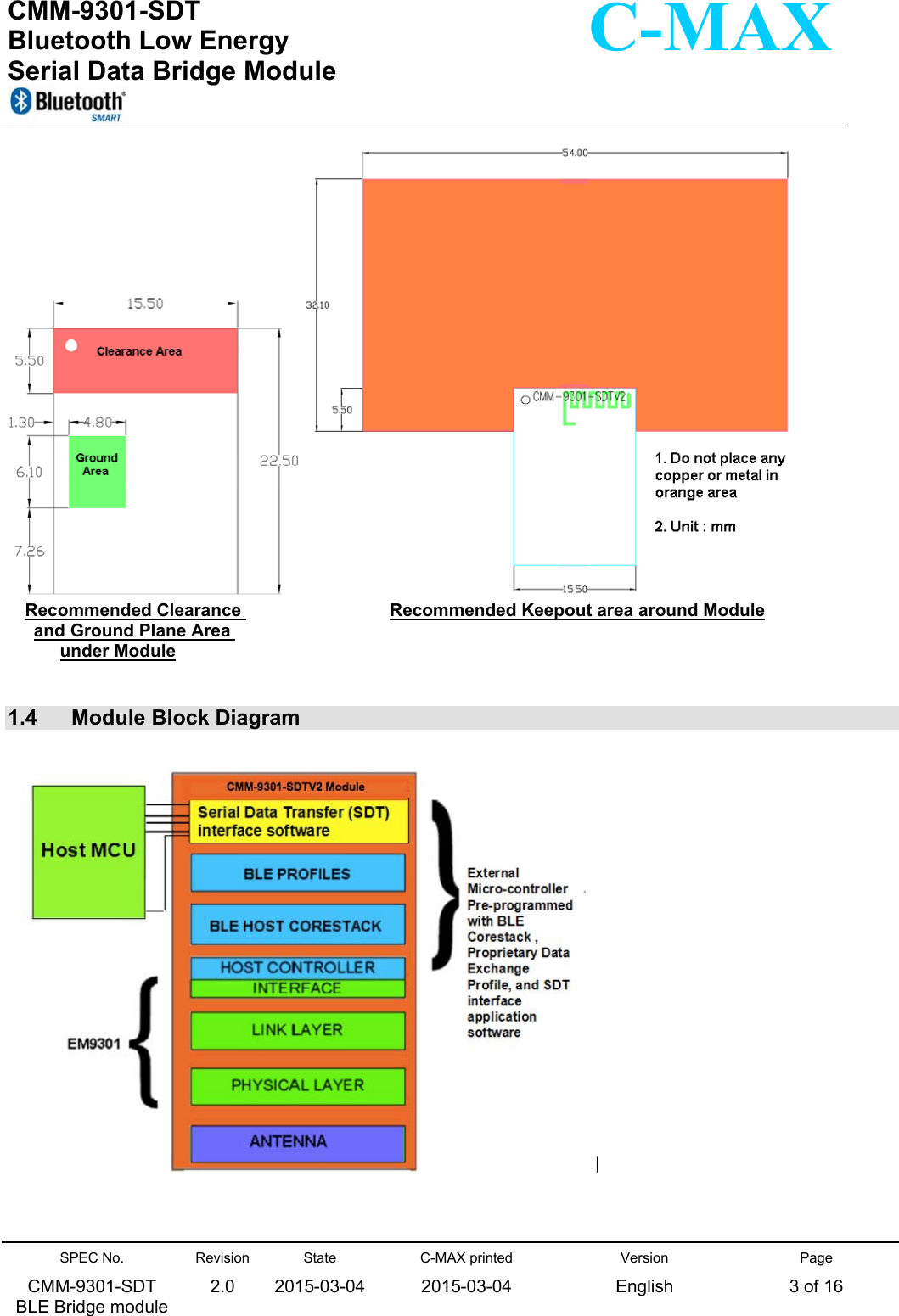  CMM-9301-SDT Bluetooth Low Energy  Serial Data Bridge Module      SPEC No. CMM-9301-SDT   BLE Bridge module Revision 2.0 State 2015-03-04C-MAX printed  2015-03-04 Version English Page 3 of 16  C-MAX  Recommended Clearance       Recommended Keepout area around Module and Ground Plane Area  under Module   1.4   Module Block Diagram      