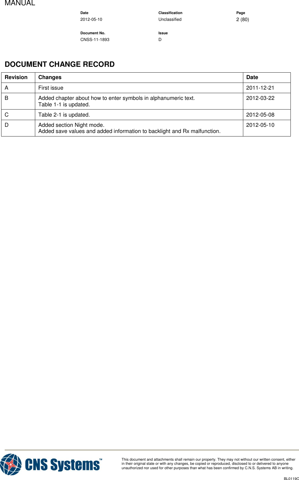 MANUAL    Date Classification Page  2012-05-10 Unclassified 2 (80)      Document No. Issue   CNSS-11-1893 D          This document and attachments shall remain our property. They may not without our written consent, either    in their original state or with any changes, be copied or reproduced, disclosed to or delivered to anyone unauthorized nor used for other purposes than what has been confirmed by C.N.S. Systems AB in writing.          BL0119C   DOCUMENT CHANGE RECORD Revision Changes Date A First issue 2011-12-21 B Added chapter about how to enter symbols in alphanumeric text. Table 1-1 is updated. 2012-03-22 C Table 2-1 is updated. 2012-05-08 D Added section Night mode. Added save values and added information to backlight and Rx malfunction. 2012-05-10     