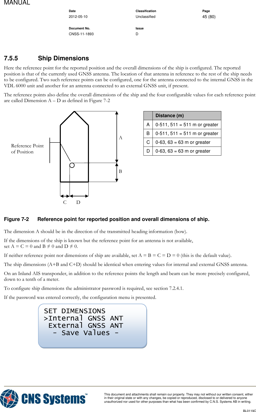 MANUAL    Date Classification Page  2012-05-10 Unclassified 45 (80)      Document No. Issue   CNSS-11-1893 D          This document and attachments shall remain our property. They may not without our written consent, either    in their original state or with any changes, be copied or reproduced, disclosed to or delivered to anyone unauthorized nor used for other purposes than what has been confirmed by C.N.S. Systems AB in writing.          BL0119C   7.5.5  Ship Dimensions Here the reference point for the reported position and the overall dimensions of the ship is configured. The reported position is that of the currently used GNSS antenna. The location of that antenna in reference to the rest of the ship needs to be configured. Two such reference points can be configured, one for the antenna connected to the internal GNSS in the VDL 6000 unit and another for an antenna connected to an external GNSS unit, if present.  The reference points also define the overall dimensions of the ship and the four configurable values for each reference point are called Dimension A – D as defined in Figure 7-2  Figure 7-2  Reference point for reported position and overall dimensions of ship. The dimension A should be in the direction of the transmitted heading information (bow). If the dimensions of the ship is known but the reference point for an antenna is not available, set A = C = 0 and B ≠ 0 and D ≠ 0. If neither reference point nor dimensions of ship are available, set A = B = C = D = 0 (this is the default value). The ship dimensions (A+B and C+D) should be identical when entering values for internal and external GNSS antenna. On an Inland AIS transponder, in addition to the reference points the length and beam can be more precisely configured, down to a tenth of a meter. To configure ship dimensions the administrator password is required, see section 7.2.4.1. If the password was entered correctly, the configuration menu is presented.   SET DIMENSIONS &gt;Internal GNSS ANT  External GNSS ANT   - Save Values -  A B D C  Distance (m) A 0-511, 511 = 511 m or greater B 0-511, 511 = 511 m or greater C 0-63, 63 = 63 m or greater D 0-63, 63 = 63 m or greater  Reference Point of Position 