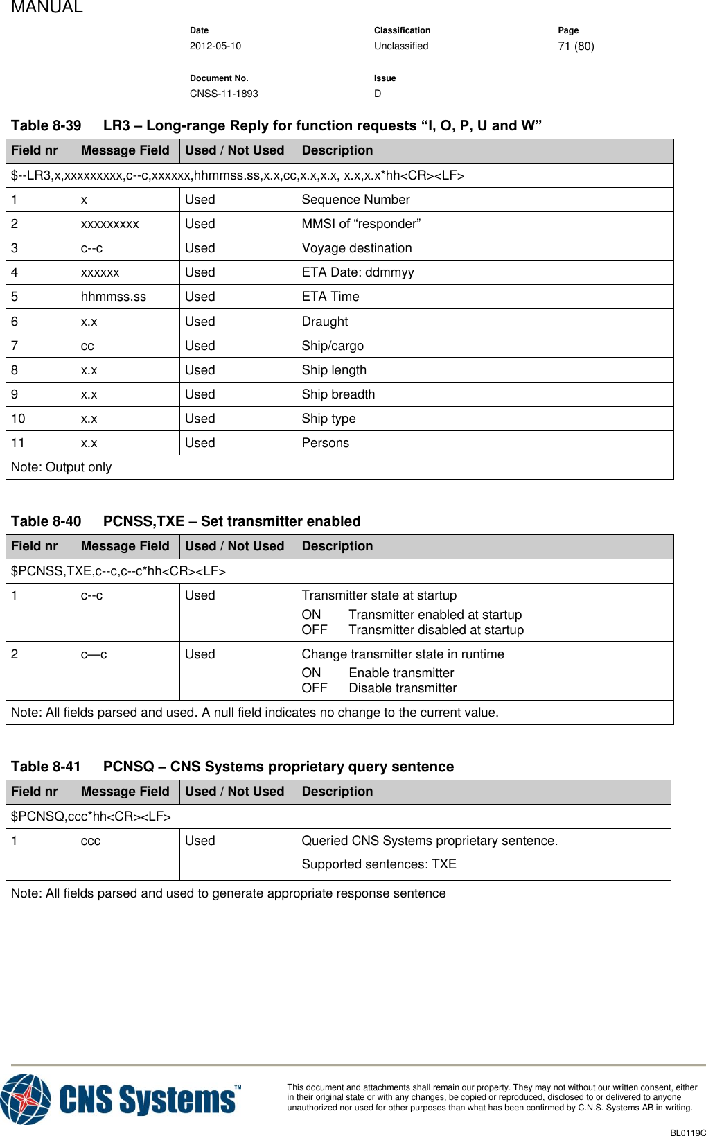 MANUAL    Date Classification Page  2012-05-10 Unclassified 71 (80)      Document No. Issue   CNSS-11-1893 D          This document and attachments shall remain our property. They may not without our written consent, either    in their original state or with any changes, be copied or reproduced, disclosed to or delivered to anyone unauthorized nor used for other purposes than what has been confirmed by C.N.S. Systems AB in writing.          BL0119C  Table 8-39  LR3 – Long-range Reply for function requests “I, O, P, U and W” Field nr Message Field Used / Not Used Description $--LR3,x,xxxxxxxxx,c--c,xxxxxx,hhmmss.ss,x.x,cc,x.x,x.x, x.x,x.x*hh&lt;CR&gt;&lt;LF&gt; 1 x Used Sequence Number 2 xxxxxxxxx Used MMSI of “responder” 3 c--c Used Voyage destination 4 xxxxxx Used ETA Date: ddmmyy 5 hhmmss.ss Used ETA Time 6 x.x Used Draught 7 cc Used Ship/cargo 8 x.x Used Ship length 9 x.x Used Ship breadth 10 x.x Used Ship type 11 x.x Used Persons Note: Output only  Table 8-40  PCNSS,TXE – Set transmitter enabled Field nr Message Field Used / Not Used Description $PCNSS,TXE,c--c,c--c*hh&lt;CR&gt;&lt;LF&gt; 1 c--c Used Transmitter state at startup ON  Transmitter enabled at startup OFF  Transmitter disabled at startup 2 c—c Used Change transmitter state in runtime  ON  Enable transmitter OFF  Disable transmitter Note: All fields parsed and used. A null field indicates no change to the current value.  Table 8-41  PCNSQ – CNS Systems proprietary query sentence Field nr Message Field Used / Not Used Description $PCNSQ,ccc*hh&lt;CR&gt;&lt;LF&gt; 1 ccc Used Queried CNS Systems proprietary sentence. Supported sentences: TXE Note: All fields parsed and used to generate appropriate response sentence  