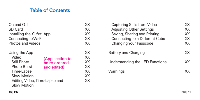 10 | EN EN | 11On and OffSD CardInstalling the Cube+ AppConnecting to Wi-FiPhotos and VideosUsing the AppVideoStill PhotoPhoto BurstTime-LapseSlow MotionEditing Video, Time-Lapse and  Slow MotionCapturing Stills from VideoAdjusting Other SettingsSaving, Sharing and PrintingConnecting to a Different CubeChanging Your PasscodeBattery and ChargingUnderstanding the LED FunctionsWarningsTable of ContentsXXXXXXXXXXXXXXXXXXXXXXXX XXXXXXXXXXXXXXXX(App section to be re-ordered and edited)