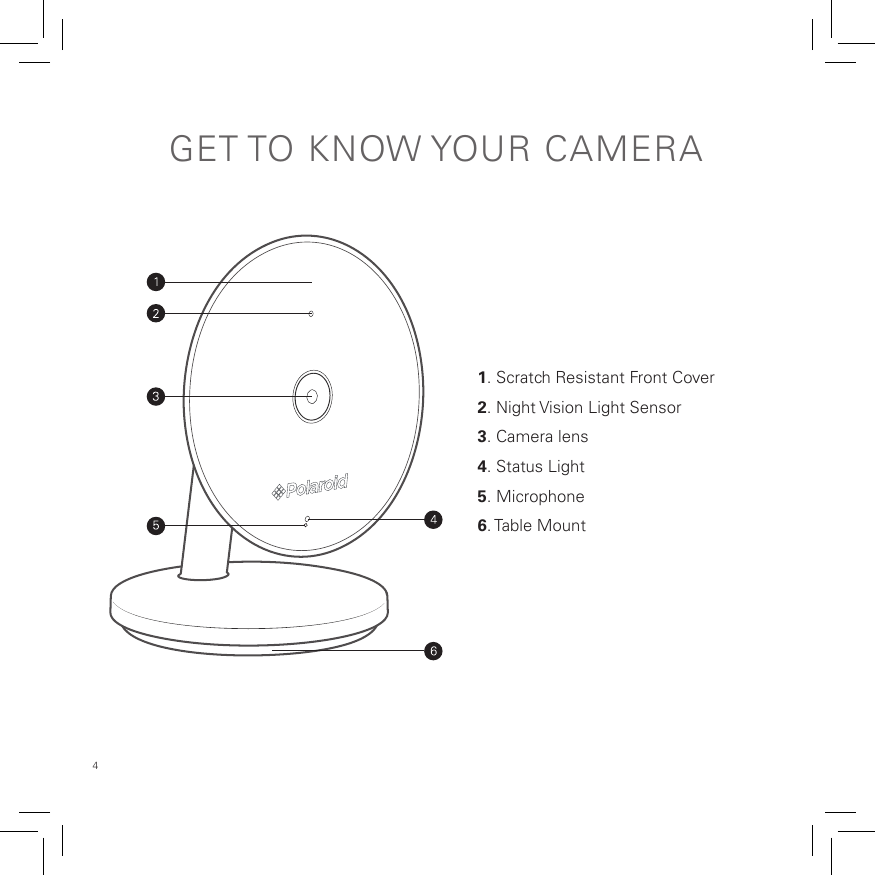 4 1. Scratch Resistant Front Cover2. Night Vision Light Sensor3. Camera lens 4. Status Light5. Microphone6. Table  MountGET TO  KNOW YOUR  CAMERA                                                  