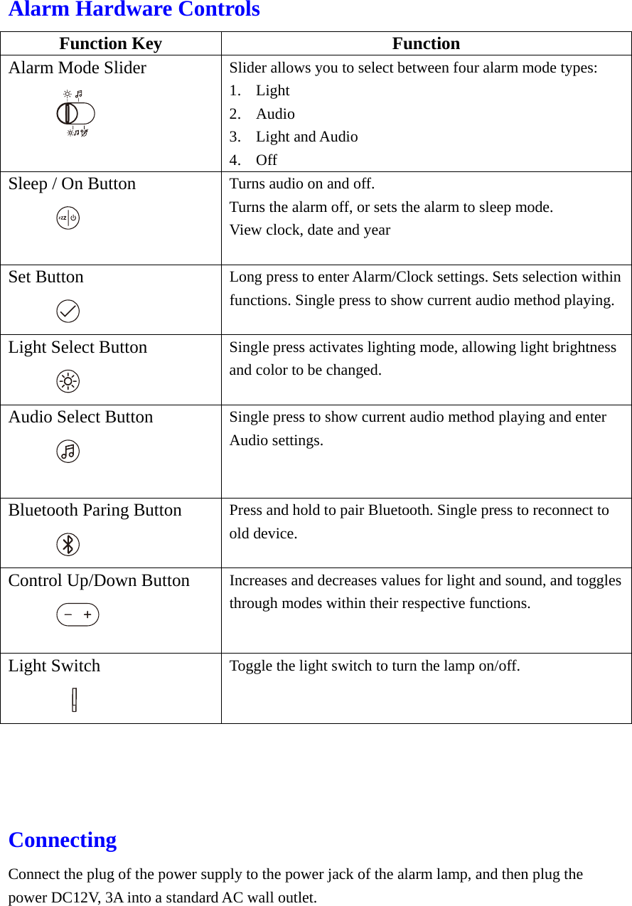  Alarm Hardware Controls Function Key  Function Alarm Mode Slider  Slider allows you to select between four alarm mode types: 1. Light 2. Audio 3. Light and Audio 4. Off  Sleep / On Button  Turns audio on and off. Turns the alarm off, or sets the alarm to sleep mode. View clock, date and year  Set Button  Long press to enter Alarm/Clock settings. Sets selection within functions. Single press to show current audio method playing. Light Select Button  Single press activates lighting mode, allowing light brightness and color to be changed. Audio Select Button  Single press to show current audio method playing and enter Audio settings.   Bluetooth Paring Button  Press and hold to pair Bluetooth. Single press to reconnect to old device. Control Up/Down Button  Increases and decreases values for light and sound, and toggles through modes within their respective functions. Light Switch    Toggle the light switch to turn the lamp on/off.   Connecting Connect the plug of the power supply to the power jack of the alarm lamp, and then plug the power DC12V, 3A into a standard AC wall outlet. 