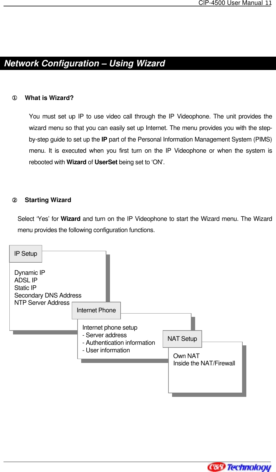   CIP-4500 User Manual 11    Network Configuration – Using Wizard  ①󰚟 What is Wizard? You must set up IP to use video call through the IP Videophone. The unit provides the wizard menu so that you can easily set up Internet. The menu provides you with the step-by-step guide to set up the IP part of the Personal Information Management System (PIMS) menu. It is executed when you first turn on the IP Videophone or when the system is rebooted with Wizard of UserSet being set to ‘ON’.  ②󰚟 Starting Wizard Select ‘Yes’ for Wizard and turn on the IP Videophone to start the Wizard menu. The Wizard menu provides the following configuration functions.           Dynamic IP   ADSL IP   Static IP   Secondary DNS Address   NTP Server Address IP Setup Internet phone setup - Server address - Authentication information - User information Internet Phone Own NAT   Inside the NAT/Firewall NAT Setup