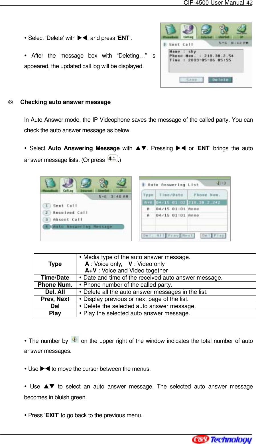   CIP-4500 User Manual 42    Select ‘Delete’ with XW, and press ‘ENT’.    After the message box with “Deleting…” is appeared, the updated call log will be displayed.  ⑥󰚟 Checking auto answer message In Auto Answer mode, the IP Videophone saves the message of the called party. You can check the auto answer message as below.  Select Auto Answering Message with ST. Pressing XW or ‘ENT’ brings the auto answer message lists. (Or press  .)          Type  Media type of the auto answer message.   A : Voice only,    V : Video only A+V : Voice and Video together Time/Date   Date and time of the received auto answer message. Phone Num.   Phone number of the called party. Del. All   Delete all the auto answer messages in the list. Prev, Next   Display previous or next page of the list. Del   Delete the selected auto answer message. Play   Play the selected auto answer message.   The number by   on the upper right of the window indicates the total number of auto answer messages.  Use XW to move the cursor between the menus.  Use ST to select an auto answer message. The selected auto answer message becomes in bluish green.  Press ‘EXIT’ to go back to the previous menu. 