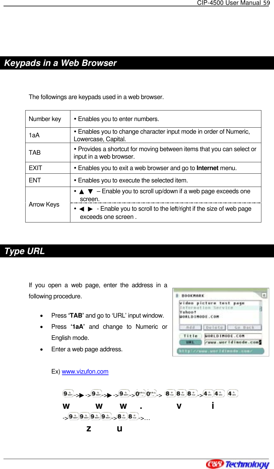   CIP-4500 User Manual 59    Keypads in a Web Browser    The followings are keypads used in a web browser. Number key   Enables you to enter numbers. 1aA  Enables you to change character input mode in order of Numeric, Lowercase, Capital. TAB  Provides a shortcut for moving between items that you can select or input in a web browser. EXIT  Enables you to exit a web browser and go to Internet menu. ENT   Enables you to execute the selected item.  ▲ ▼  – Enable you to scroll up/down if a web page exceeds one screen. Arrow Keys   ◀ ▶  - Enable you to scroll to the left/right if the size of web page exceeds one screen .  Type URL  If you open a web page, enter the address in a following procedure. •  Press ‘TAB’ and go to ‘URL’ input window. •  Press ‘1aA’ and change to Numeric or English mode.   •  Enter a web page address.    Ex) www.vizufon.com   -&gt;▶-&gt; -&gt;▶-&gt; -&gt; -&gt;  -&gt;    w      w    w   .        v       i -&gt; -&gt; -&gt;… z      u  