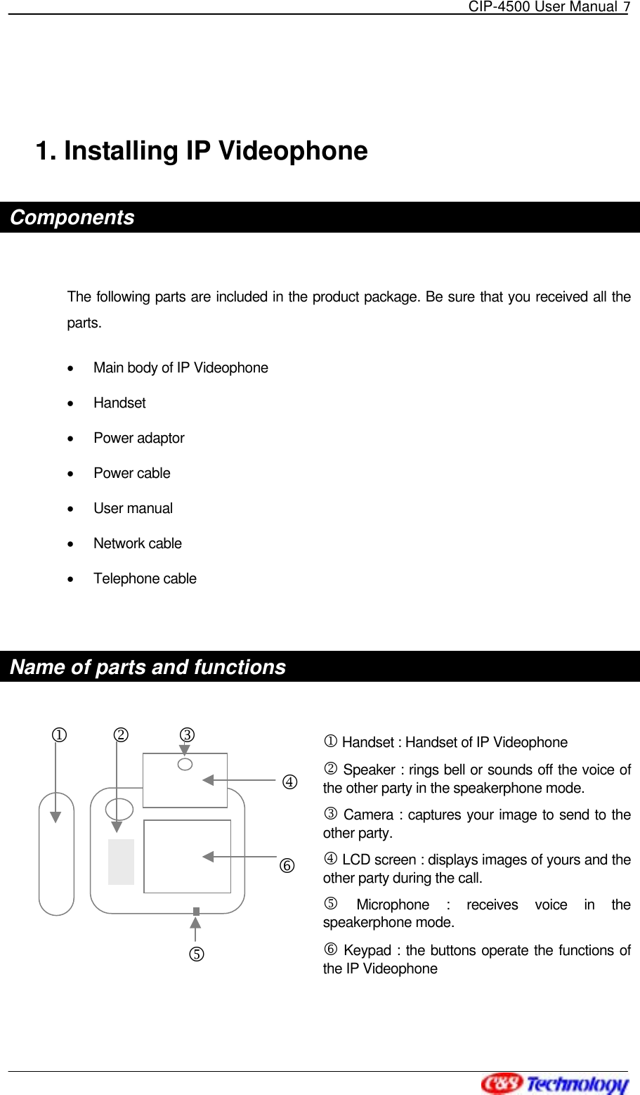   CIP-4500 User Manual 7    1. Installing IP Videophone Components  The following parts are included in the product package. Be sure that you received all the parts. •  Main body of IP Videophone •  Handset •  Power adaptor •  Power cable •  User manual •  Network cable •  Telephone cable  Name of parts and functions  1 Handset : Handset of IP Videophone 2 Speaker : rings bell or sounds off the voice of the other party in the speakerphone mode. 3 Camera : captures your image to send to the other party. 4 LCD screen : displays images of yours and the other party during the call. 5 Microphone : receives voice in the speakerphone mode.  Keypad : the buttons operate the functions of the IP Videophone   12 345