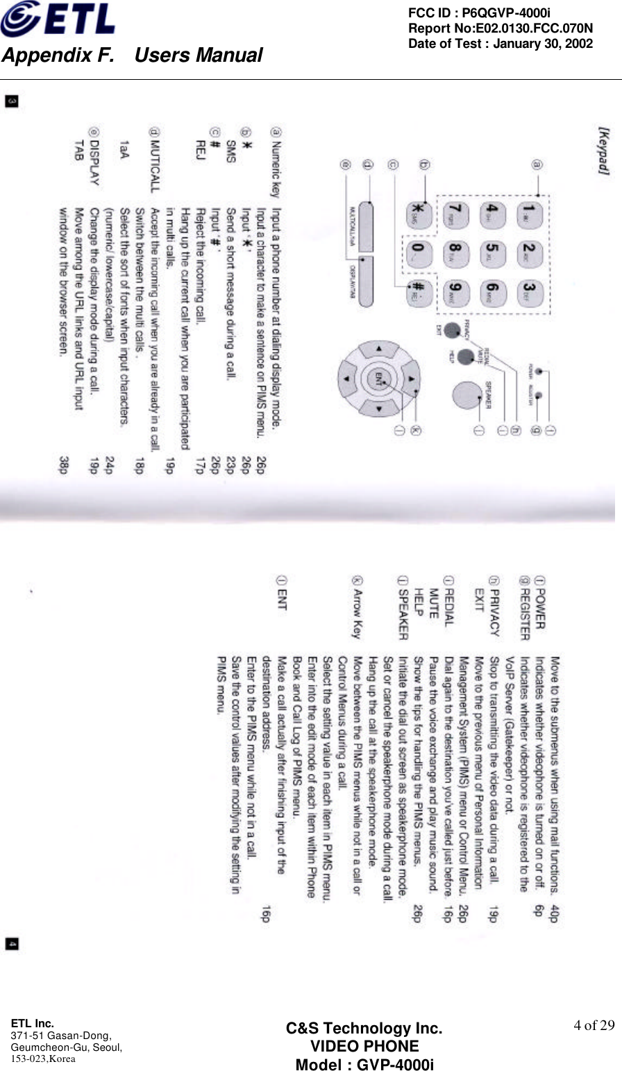    Appendix F.  Users Manual ETL Inc.  371-51 Gasan-Dong, Geumcheon-Gu, Seoul,   153-023,Korea    4 of 29FCC ID : P6QGVP-4000i Report No:E02.0130.FCC.070N   Date of Test : January 30, 2002 C&amp;S Technology Inc. VIDEO PHONE Model : GVP-4000i   