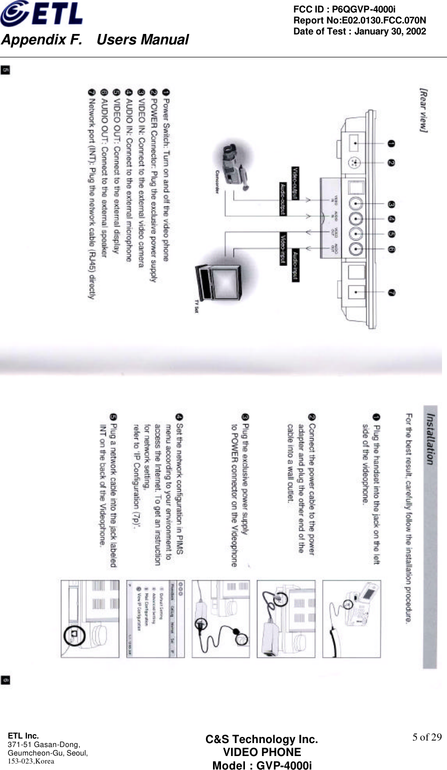    Appendix F.  Users Manual ETL Inc.  371-51 Gasan-Dong, Geumcheon-Gu, Seoul,   153-023,Korea    5 of 29FCC ID : P6QGVP-4000i Report No:E02.0130.FCC.070N   Date of Test : January 30, 2002 C&amp;S Technology Inc. VIDEO PHONE Model : GVP-4000i    