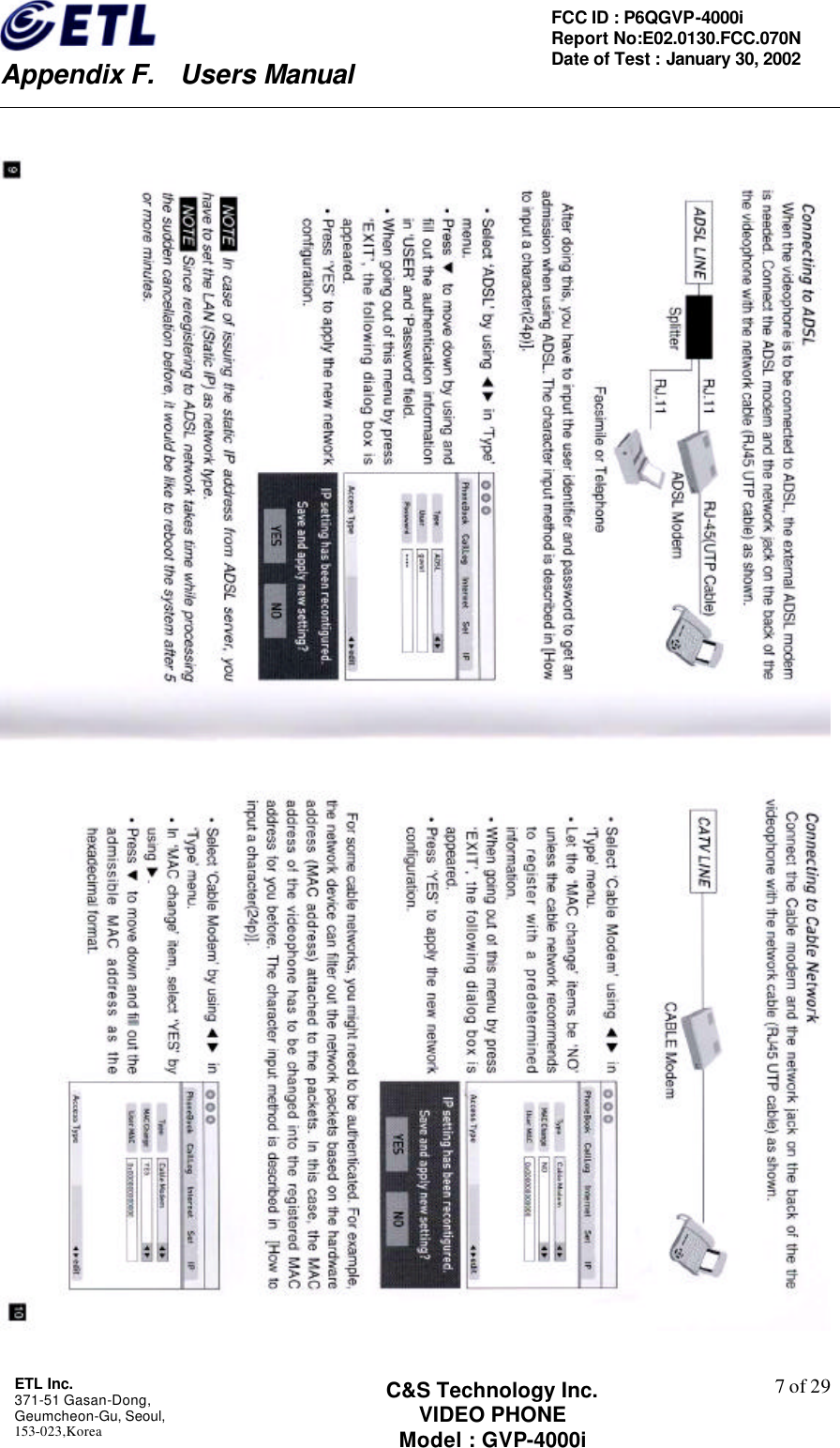    Appendix F.  Users Manual ETL Inc.  371-51 Gasan-Dong, Geumcheon-Gu, Seoul,   153-023,Korea    7 of 29FCC ID : P6QGVP-4000i Report No:E02.0130.FCC.070N   Date of Test : January 30, 2002 C&amp;S Technology Inc. VIDEO PHONE Model : GVP-4000i    