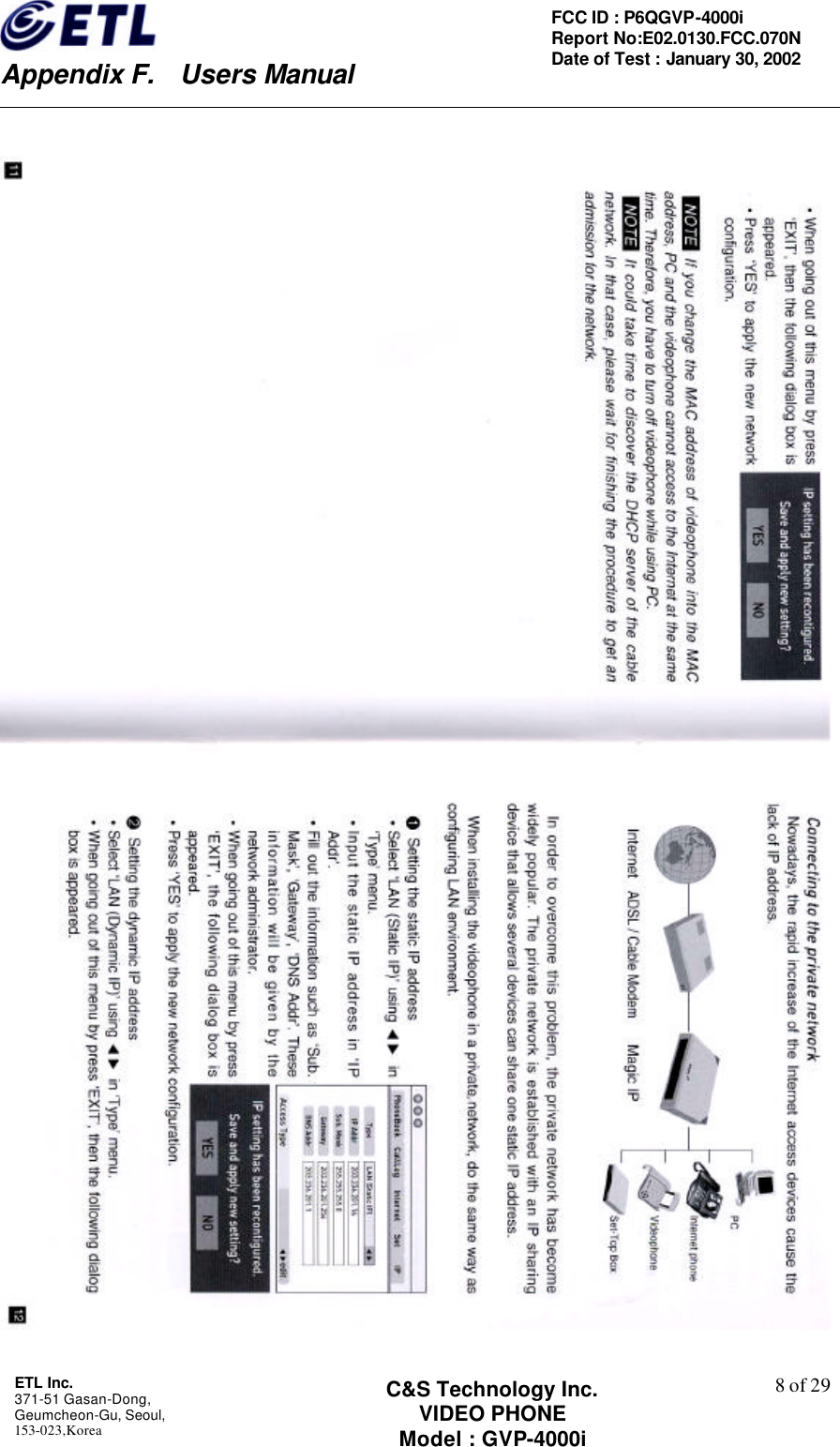    Appendix F.  Users Manual ETL Inc.  371-51 Gasan-Dong, Geumcheon-Gu, Seoul,   153-023,Korea    8 of 29FCC ID : P6QGVP-4000i Report No:E02.0130.FCC.070N   Date of Test : January 30, 2002 C&amp;S Technology Inc. VIDEO PHONE Model : GVP-4000i    