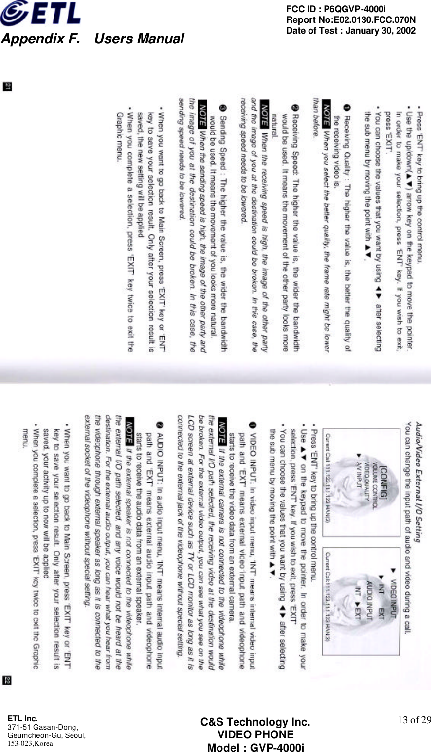    Appendix F.  Users Manual ETL Inc.  371-51 Gasan-Dong, Geumcheon-Gu, Seoul,   153-023,Korea    13 of 29FCC ID : P6QGVP-4000i Report No:E02.0130.FCC.070N   Date of Test : January 30, 2002 C&amp;S Technology Inc. VIDEO PHONE Model : GVP-4000i    