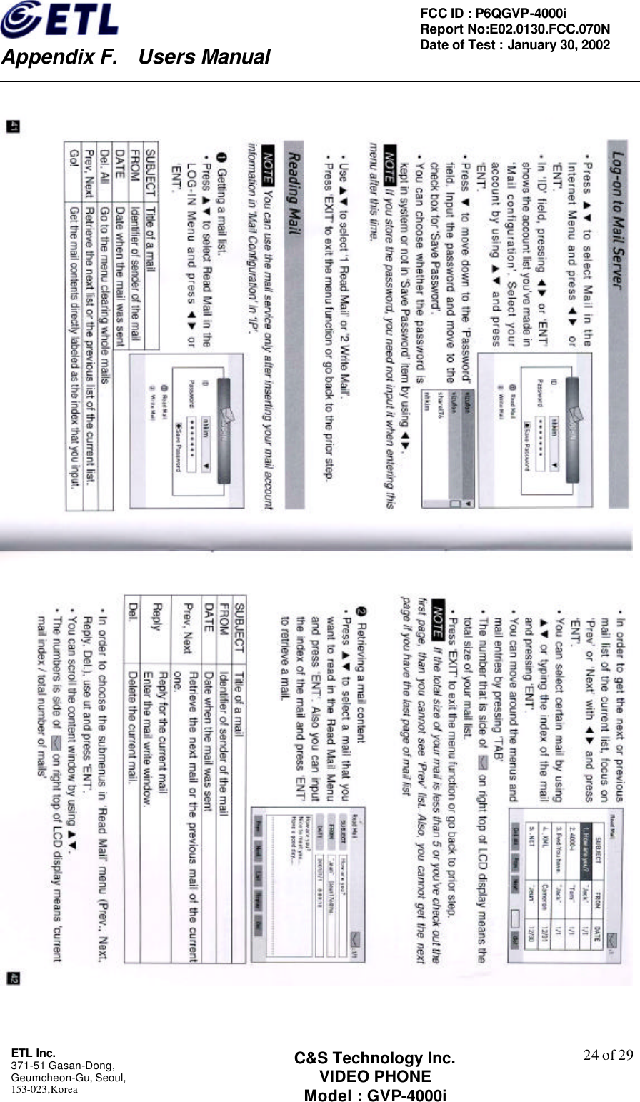    Appendix F.  Users Manual ETL Inc.  371-51 Gasan-Dong, Geumcheon-Gu, Seoul,   153-023,Korea    24 of 29FCC ID : P6QGVP-4000i Report No:E02.0130.FCC.070N   Date of Test : January 30, 2002 C&amp;S Technology Inc. VIDEO PHONE Model : GVP-4000i     